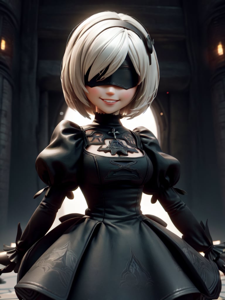 Masterpiece, highest quality, high resolution, PVC, rendering, chibi, high resolution, solo girl, 2B, NieR:Automata, gothic dress, silver hair, bob hair, smile, selfish, chibi, smile, grin, self-righteousness, overall body, chibi, 3D Figure, Full Moon Background, Toy, Doll, Character Print, Front View, Natural Light, ((Real)) Quality: 1.2)), Dynamic Pose, Cinematic Lighting, Perfect Composition,