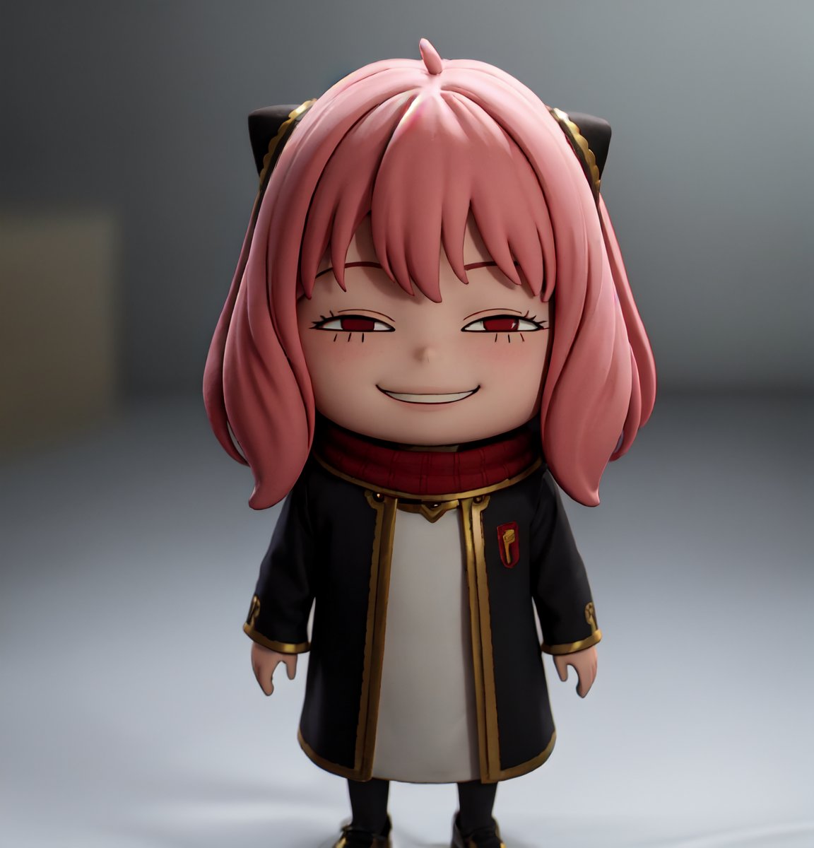 masterpiece, best quality, high resolution, PVC, render, chibi, high resolution, single woman, Anya Forger, pink hair, bob hair, 1girl, long hair, hogrobe, black robe, gryffindor, red tie, hogscarf, red scarf,  grey eyes, smiling, selfish target, chibi, prohibition era streetscape, smiling, grinning, self-satisfied, full body, chibi, 3d figure, toy, doll, character print, front view, natural light, ((realistic)) 1.2)), dynamic pose, medium movement, perfect cinematic perfect lighting, perfect composition, Anya Forger spy x family, 1 girl,hogrobe