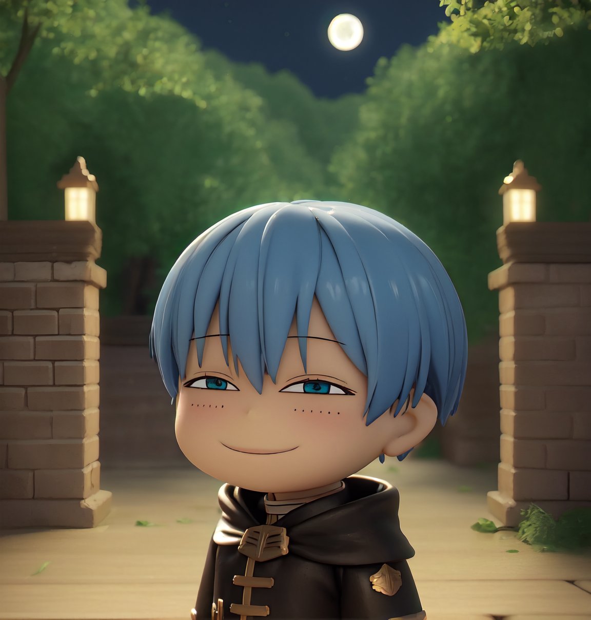 Masterpiece, highest quality, high resolution, PVC, rendering, chibi, high resolution, solo boy, himmel_sousou_no_frieren, blue hair, blue eyesr, side locks, , smiling, selfish target, chibi, full moon night, full moon in the background, night Castle, Smile, Smile, Self-righteousness, Full Body, Chibi, 3D Figure, Toy, Doll, Character Print, Front View, Natural Light, ((Real)) 1.2)), Dynamic Pose, Medium Movement, Perfect Movie-like Beautiful lighting, perfect composition, ferns, free leaves: beyond the end of the journey,himmel_sousou_no_frieren