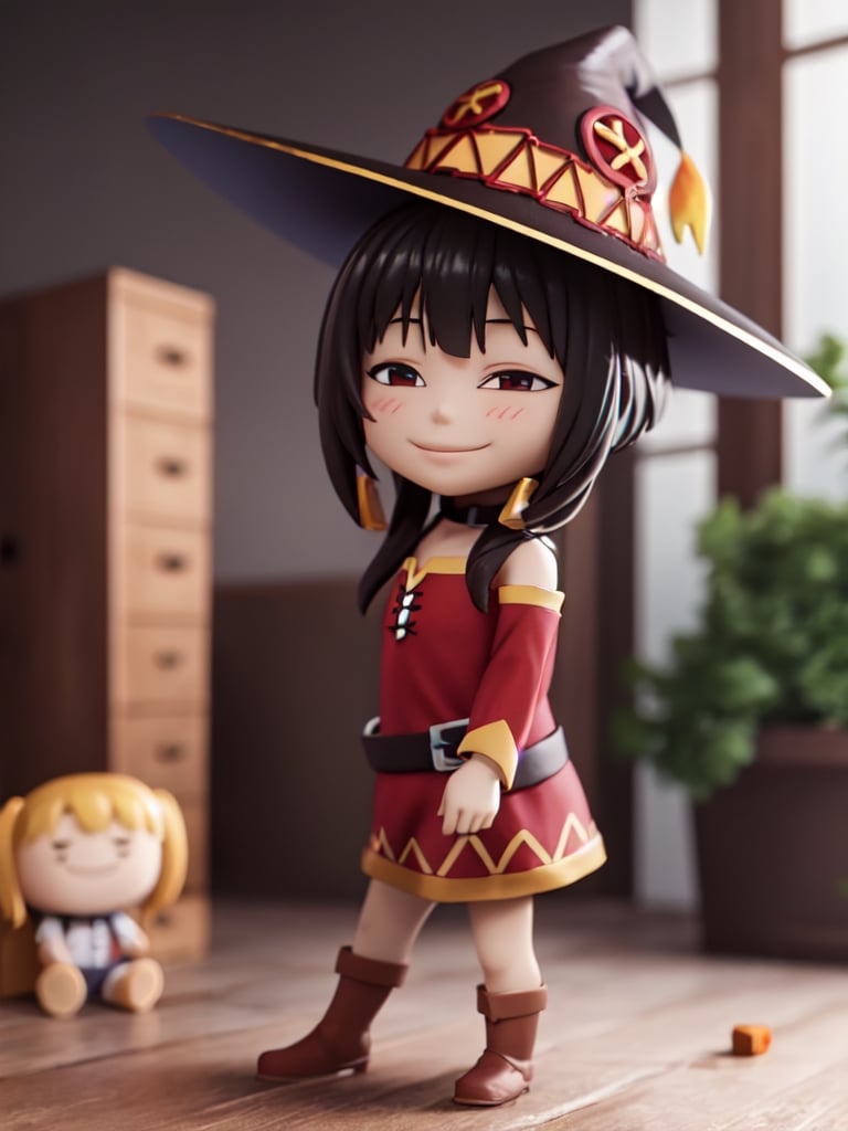 Masterpiece, Top Quality, High Resolution, PVC, Rendering, Chibi, High Resolution, Single Girl, Megumin, KonoSuba, In This Wonderful World, Guild Bar, Smile, Selfishness, Chibi, Smile, Grinning, Self-Righteousness, Full Body, Chibi, 3D Figures, Toys, Dolls, Character Prints, Front View, Natural Light, ((Real)) Quality: 1.2)), Dynamic Poses, Cinematic Lighting, Perfect Composition,
