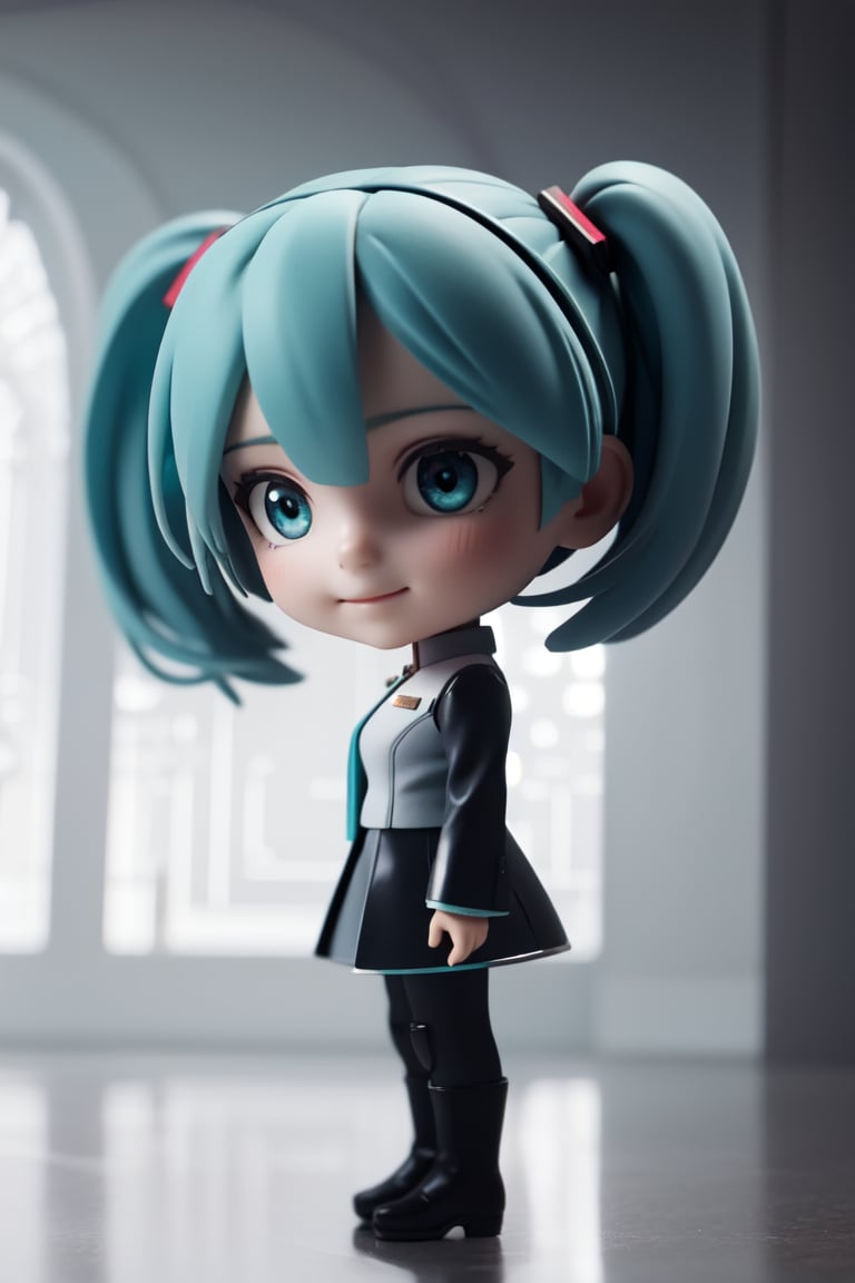 ((1 person)), Hatsune Miku, petite girl, full body, chibi, 3D figure girl, green hair, twin tails, beautiful girl with great detail, beautiful and delicate eyes, detailed face, beautiful eyes, white imperialofficer uniform, wicked smile, dynamic beautiful pose, dynamic pose, gothic architecture, natural light, ((realistic)) quality: 1.2), dynamic distance shot, cinematic lighting, perfect composition, super detail, official art, masterpiece, (best) quality: 1.3), reflection, high resolution CG Unity 8K wallpaper, detailed background, masterpiece, (photorealistic) : 1.2), random angle, side angle, chibi, full body, mikdef, imperialofficer uniform