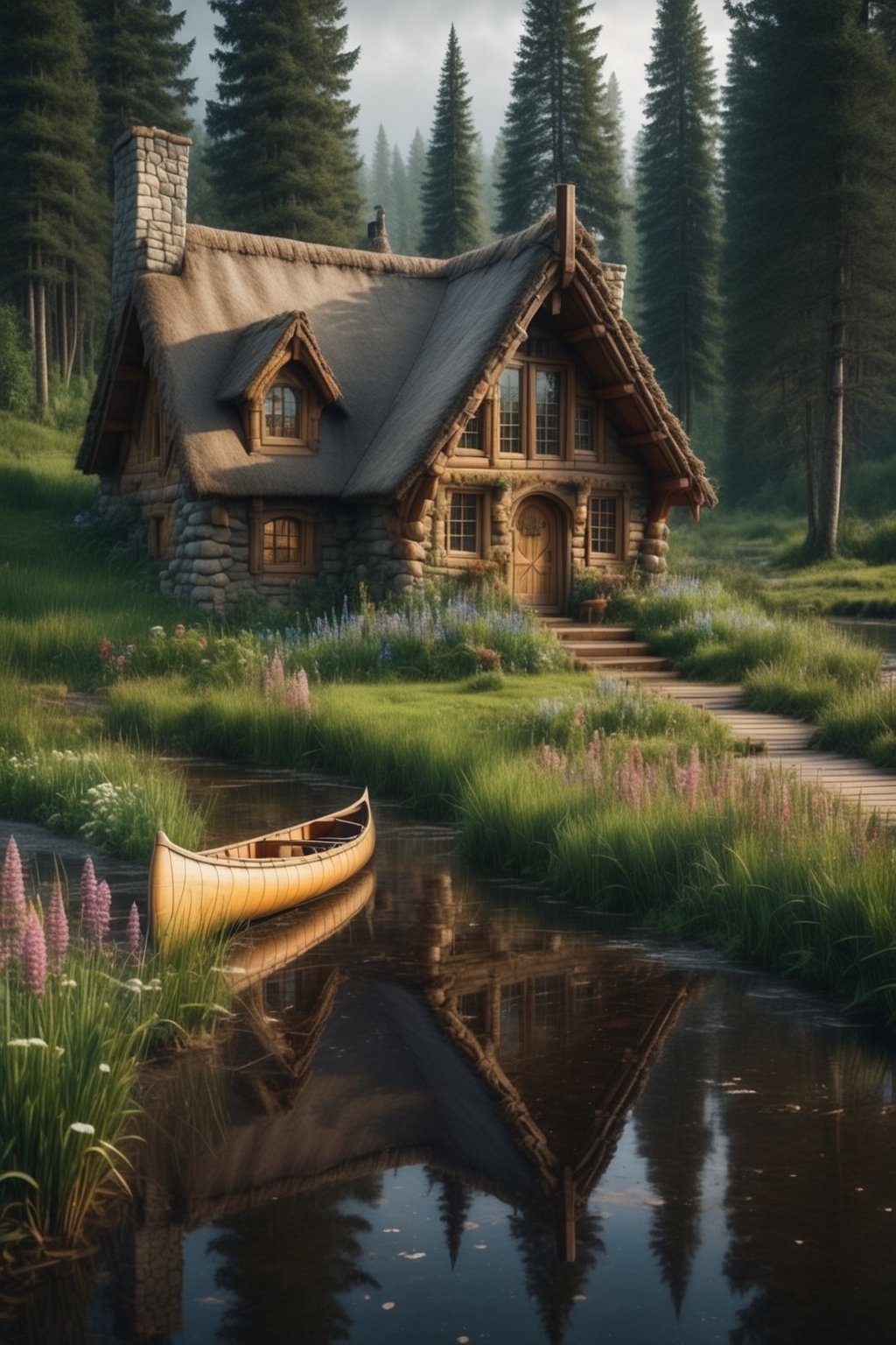 //quality, (masterpiece:1.4), (detailed), ((,best quality,)),//a cozy log cabin, medieval fantasy vibe, wild flowers, tall grass, pathway, canoe, river, overcast weather, tress, pine, sequia forest, mud, puddle reflection, (snowfall outside), built over a cliff, hobbit house