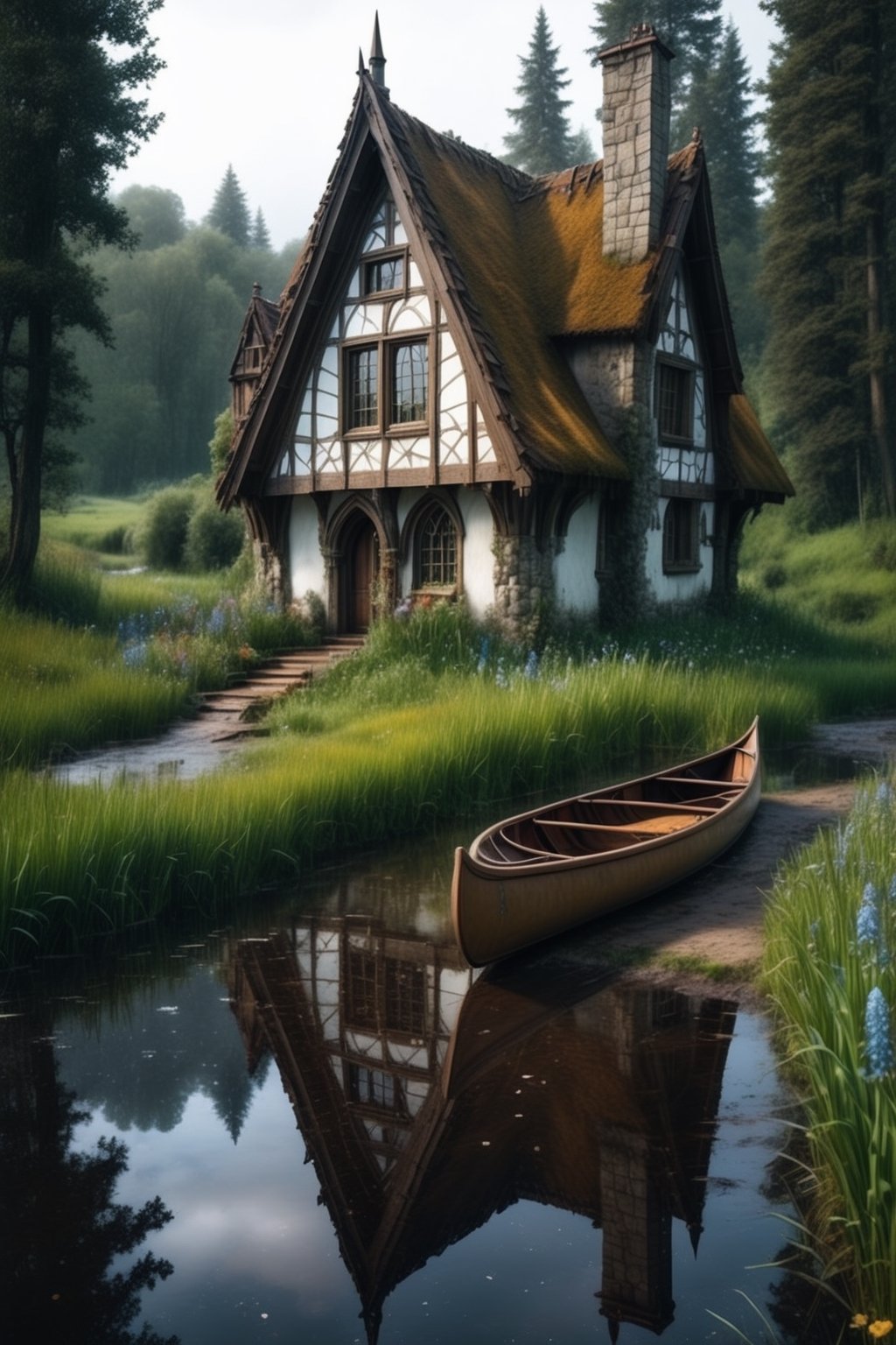 //quality, (masterpiece:1.4), (detailed), ((,best quality,)),//a cozy rusted Gothic house, medieval fantasy vibe, wild flowers, tall grass, pathway, canoe, river, overcast weather, tress, snowing, , sequia forest, mud, puddle reflection, (snowfall outside), built over a cliff, hobbit house