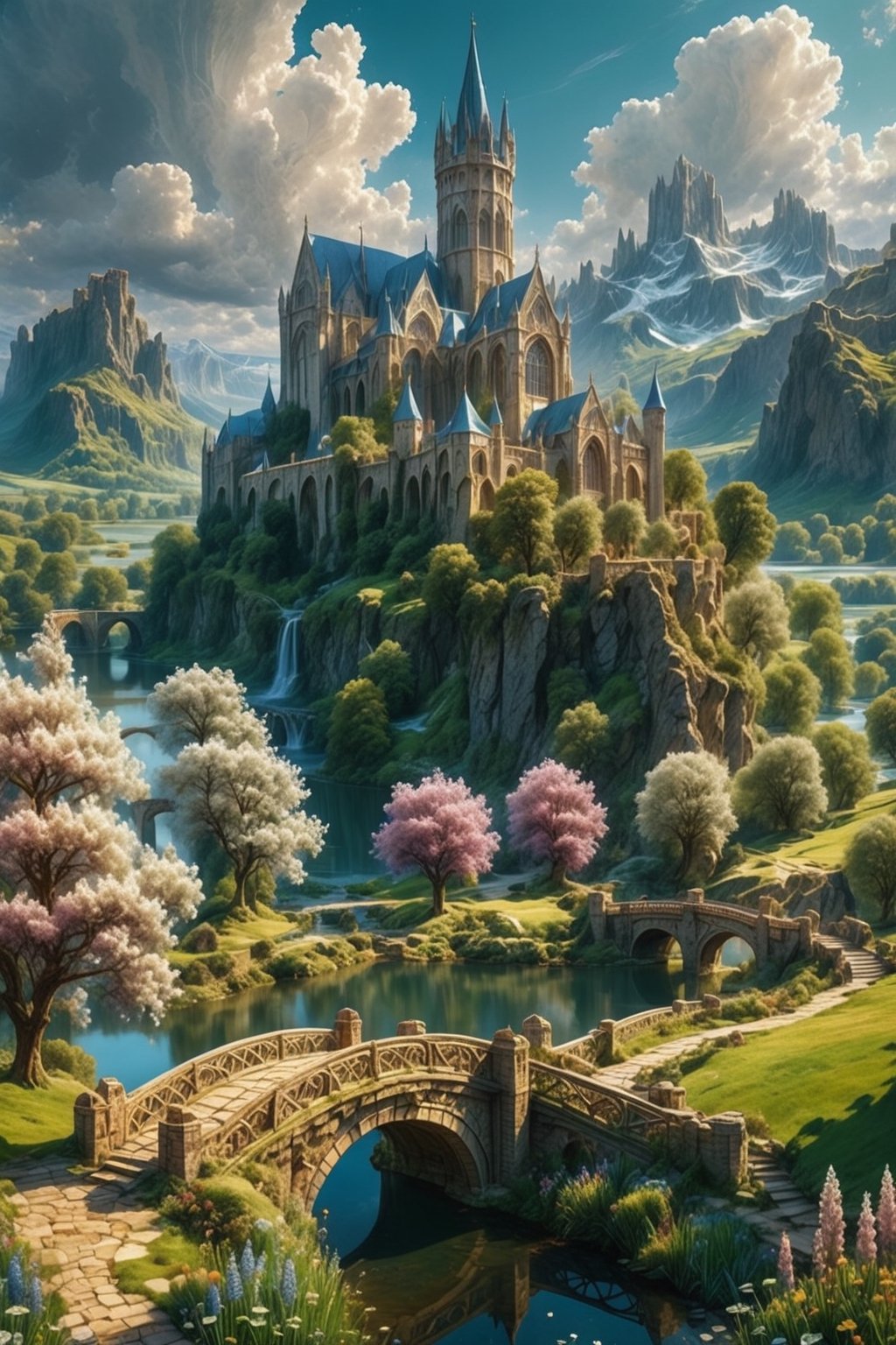 //quality, (masterpiece:1.4), (detailed), ((,best quality,)),//outdoors, sky, day, cloud, water, tree, no humans, scenery, bridge, river, elven circular castle, wild flowers, pathway,fantasy world,cliff, mountain, magical city,cathedral, tower, landscape, lake, white trees,aerial view 