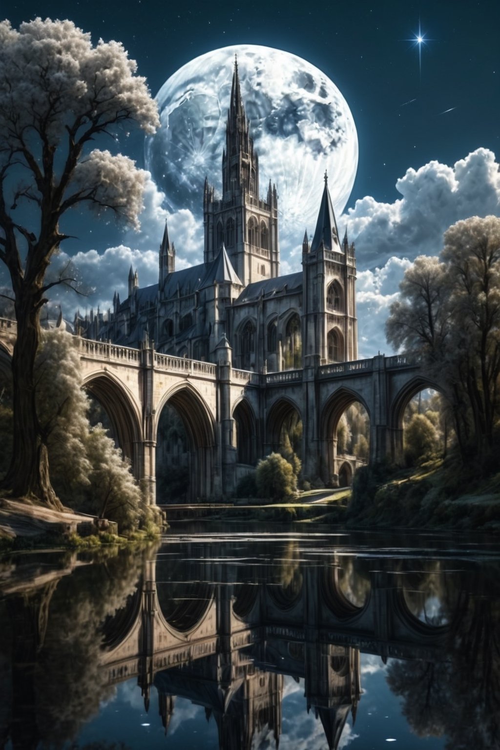 //quality, (masterpiece:1.4), (detailed), ((,best quality,)),//outdoors, sky, day, cloud, water, tree, no humans, scenery, bridge, river, gothic castle, cathedral, tower, landscape, lake, night, full moon, shooting stars, white trees