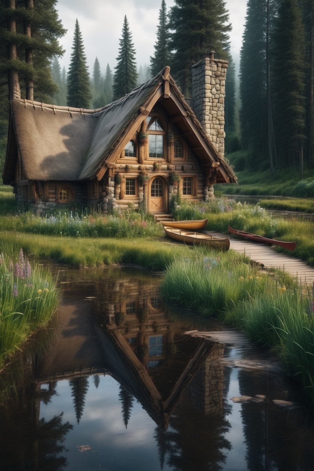 //quality, (masterpiece:1.4), (detailed), ((,best quality,)),//a cozy log cabin, medieval fantasy vibe, wild flowers, tall grass, pathway, canoe, river, overcast weather, tress, pine, sequia forest, mud, puddle reflection, (snowfall outside), built over a cliff, hobbit house