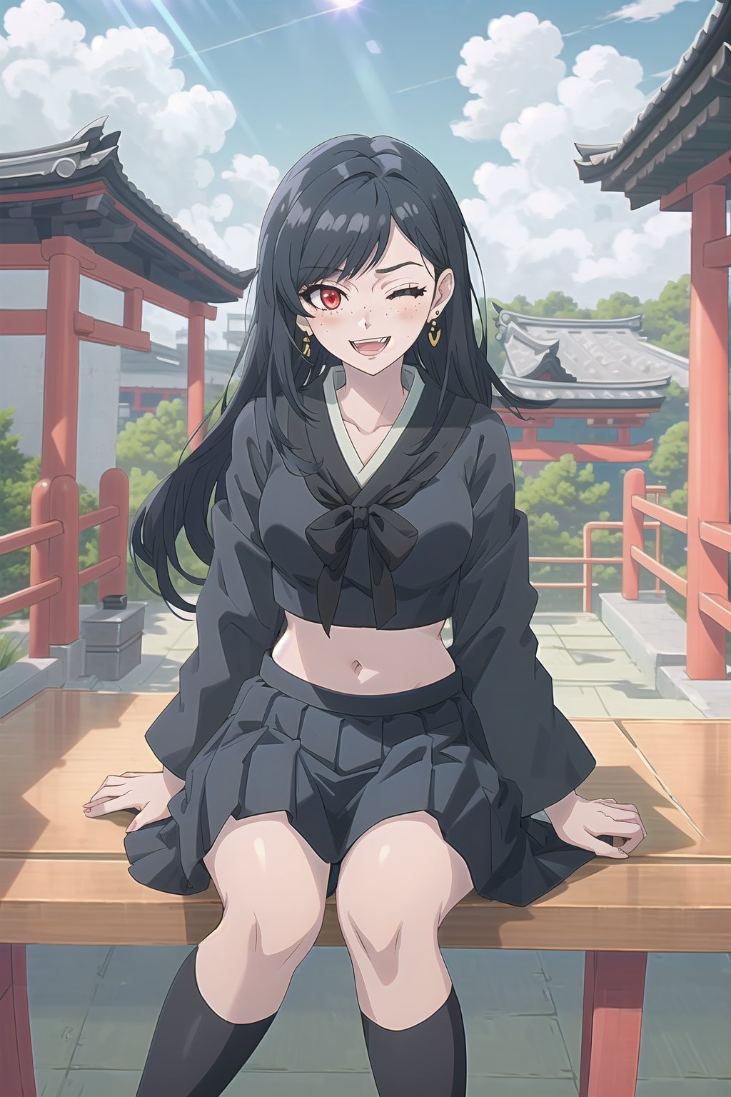 nier anime style illustration, best quality, masterpiece High resolution, good detail, bright colors, HDR, 4K. Dolby vision high.

Girl with long straight black hair, red eyes (one eye closed). Freckles, blushing, black earrings

College short top (white color mixed with black color)

Showing navel, exposed navel 

Short black school skirt 

 black stockings

black shoes
schoolchildren

Blue sky with clouds, intense sun rays 

Japanese school roof 

Sitting 

black banking

Lunch topper on top of legs

Flirtatious smile. (yandere smile). Happy, excited. Open mouth 

Showing fangs exposed fangs

Selfie 

Black bow on the chest