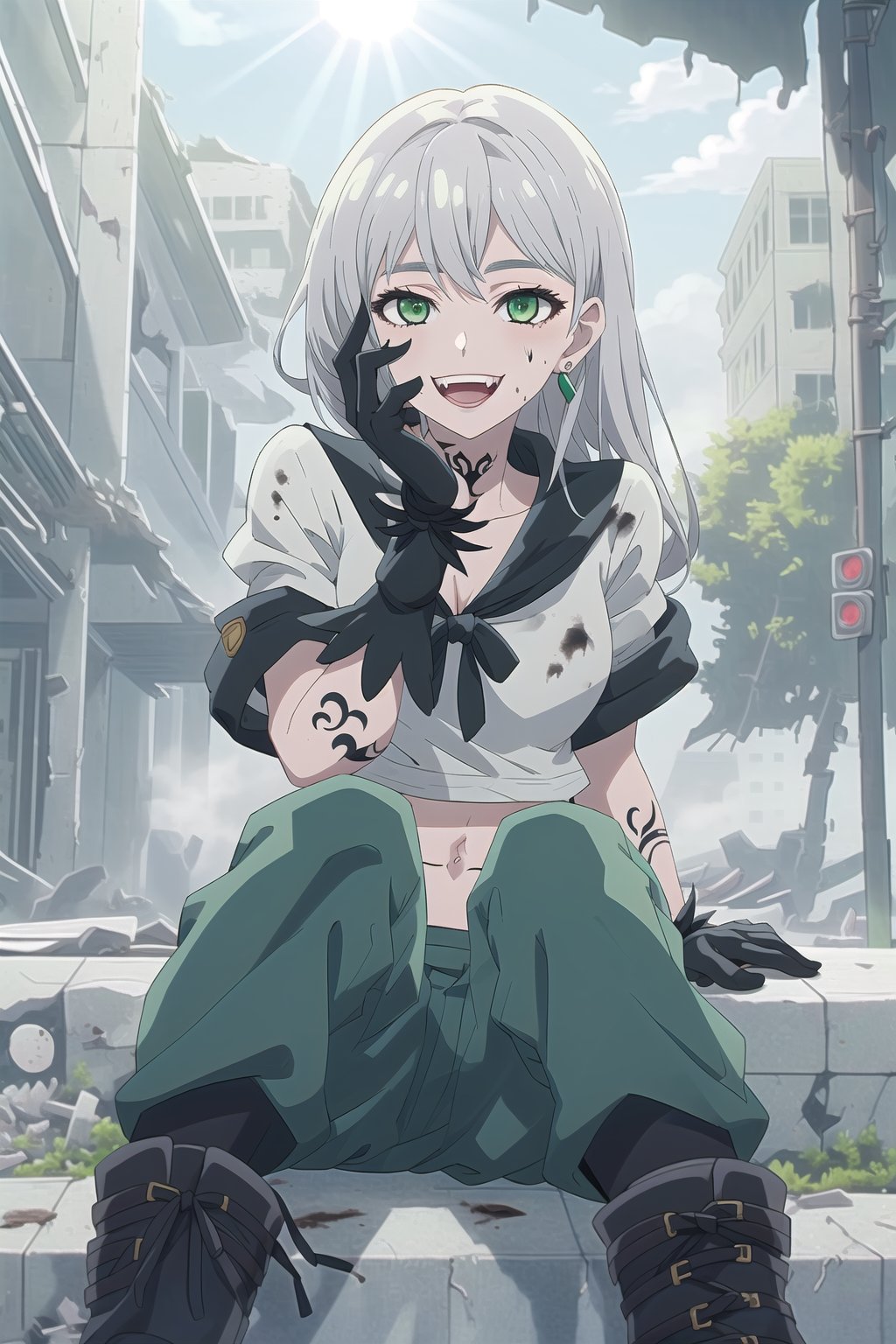nier anime style illustration, best quality, masterpiece High resolution, good detail, bright colors, HDR, 4K. Dolby vision high.

Girl with long silver straight hair, green eyes (dirty face), green earrings, 

Black short sleeve shirt 

British style jacket (Primary color black, secondary color dark green)

Showing navel, exposed navel  

Gray military pants 

Black military boots 

Black military gloves

(Tattoos on one's own face)

City destroyed and abandoned by war 

Lonely streets in ruins 

Fog 

Intense sun rays, dawn 

clear blue sky 

Sitting in the street 

(a hand on one's own face)

Flirty smile (yandere smile). Happy, excited. Open mouth 

Showing fangs, exposed fangs 

nier anime style