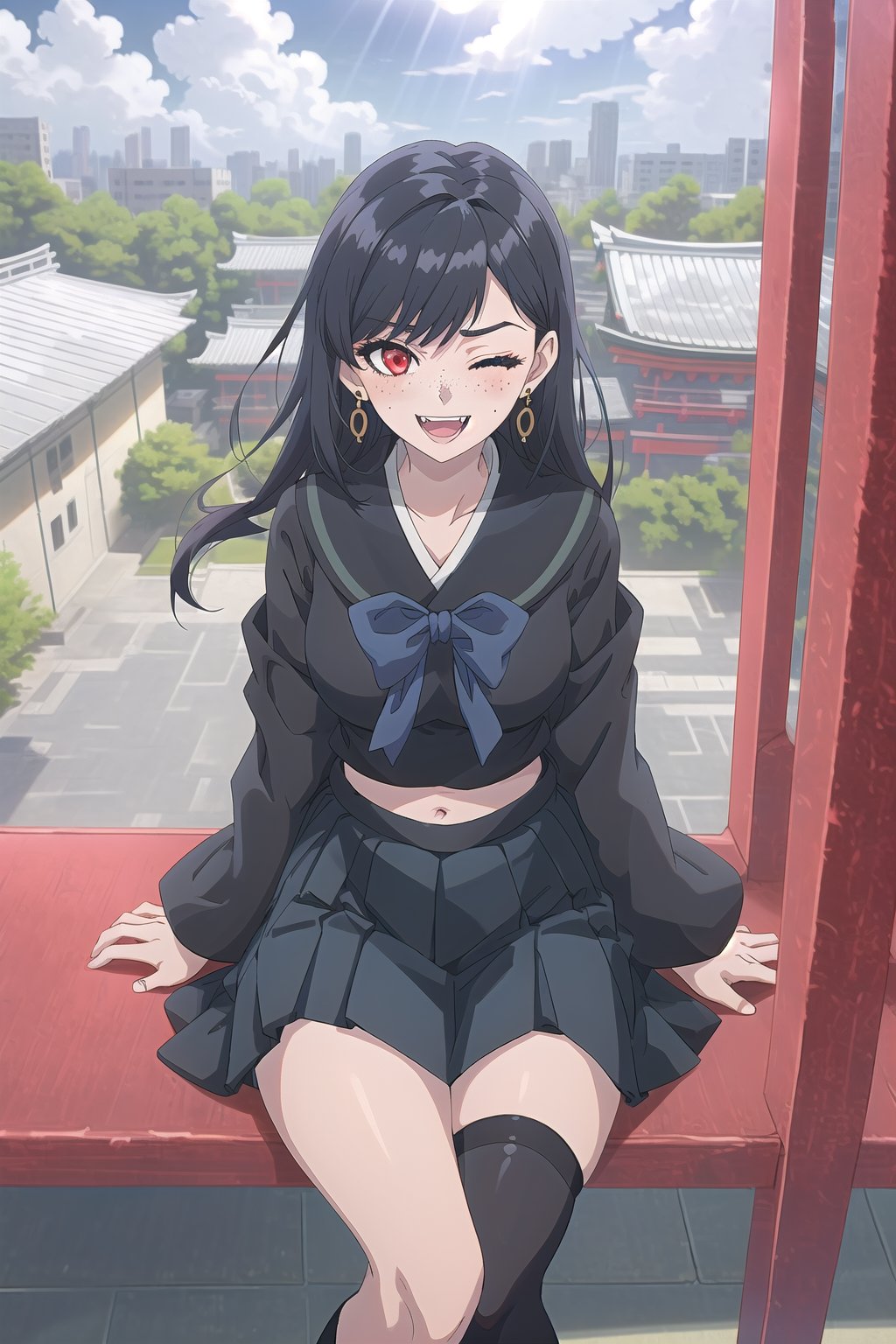 nier anime style illustration, best quality, masterpiece High resolution, good detail, bright colors, HDR, 4K. Dolby vision high.

Girl with long straight black hair, red eyes (one eye closed). Freckles, blushing, black earrings

College short top (white color mixed with black color)

Showing navel, exposed navel 

Short black school skirt 

 black stockings

black shoes
schoolchildren

Blue sky with clouds, intense sun rays 

Japanese school roof 

Sitting 

black banking

Lunch topper on top of legs

Flirtatious smile. (yandere smile). Happy, excited. Open mouth 

Showing fangs exposed fangs

Selfie 

Black bow on the chest