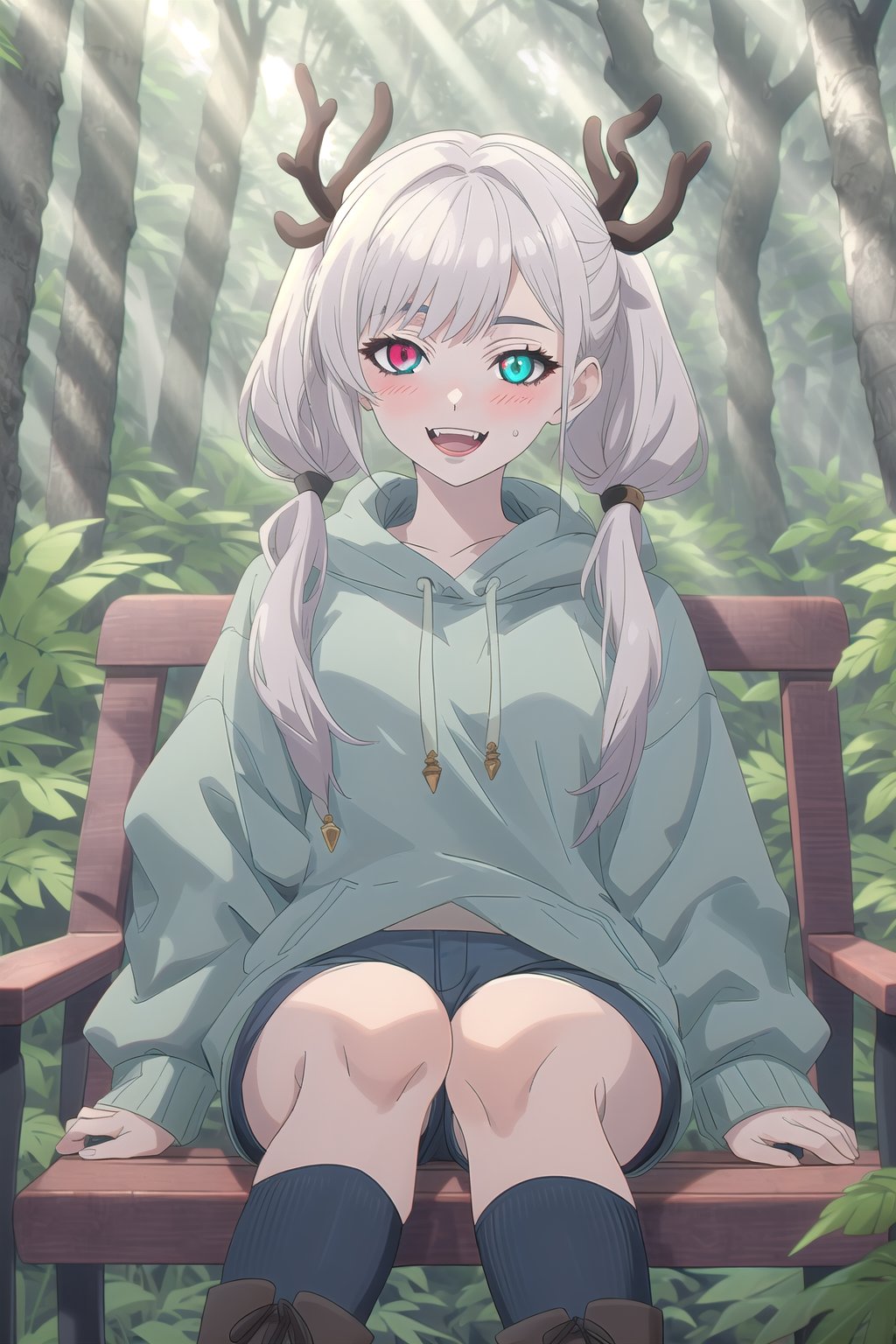 nier anime style illustration, best quality, masterpiece High resolution, good detail, bright colors, HDR, 4K. Dolby vision high.

Albino deer girl with long straight hair, long pigtails, blushing. Heterochromia (one blue eye, one red eye). 

Gray steampunk sweatshirt 

Medieval fantasy style denim shorts 

black stockings 

Gray ankle boots 

Forest with leafy trees

waterfalls 

Intense rays of sun between the trees. 

Sitting in the forest 

Flirty smile (yandere smile). Happy, excited.  Open mouth 

Showing fangs, exposed fangs.

selfie pose 

Sunrise 

deer girl