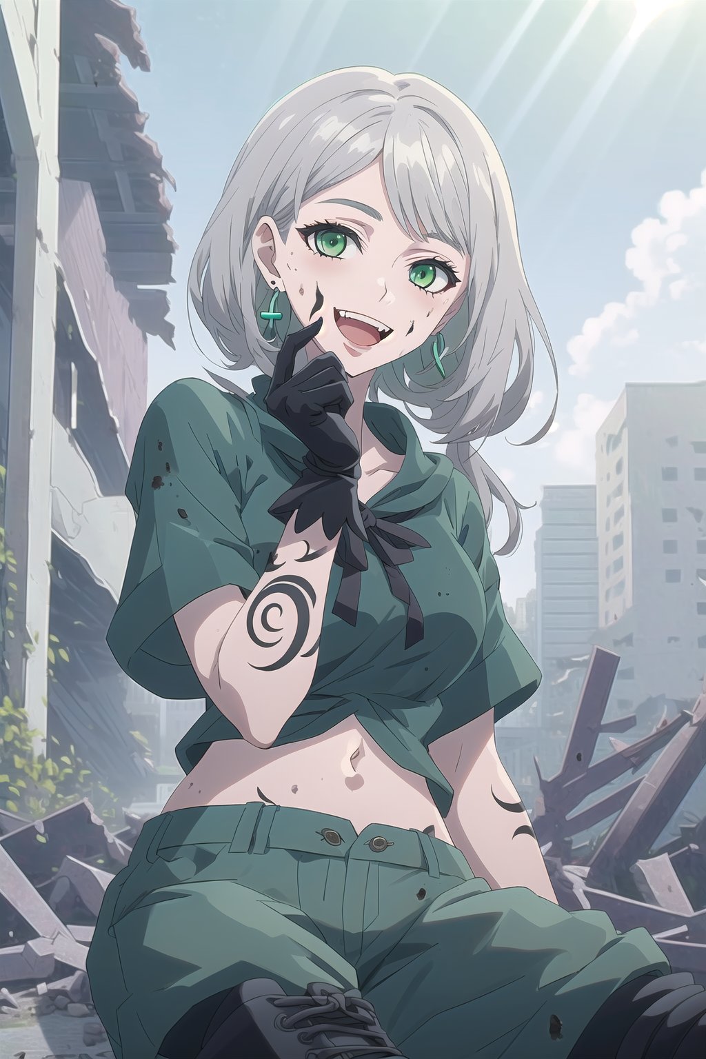 nier anime style illustration, best quality, masterpiece High resolution, good detail, bright colors, HDR, 4K. Dolby vision high.

Girl with long silver straight hair, green eyes (dirty face), green earrings, 

Black short sleeve shirt 

British style jacket (Primary color black, secondary color dark green)

Showing navel, exposed navel  

Gray military pants 

Black military boots 

Black military gloves

(Tattoos on one's own face)

City destroyed and abandoned by war 

Lonely streets in ruins 

Fog 

Intense sun rays, dawn 

clear blue sky 

Sitting in the street 

(a hand on one's own face)

Flirty smile (yandere smile). Happy, excited. Open mouth 

Showing fangs, exposed fangs 

black hood

nier anime style