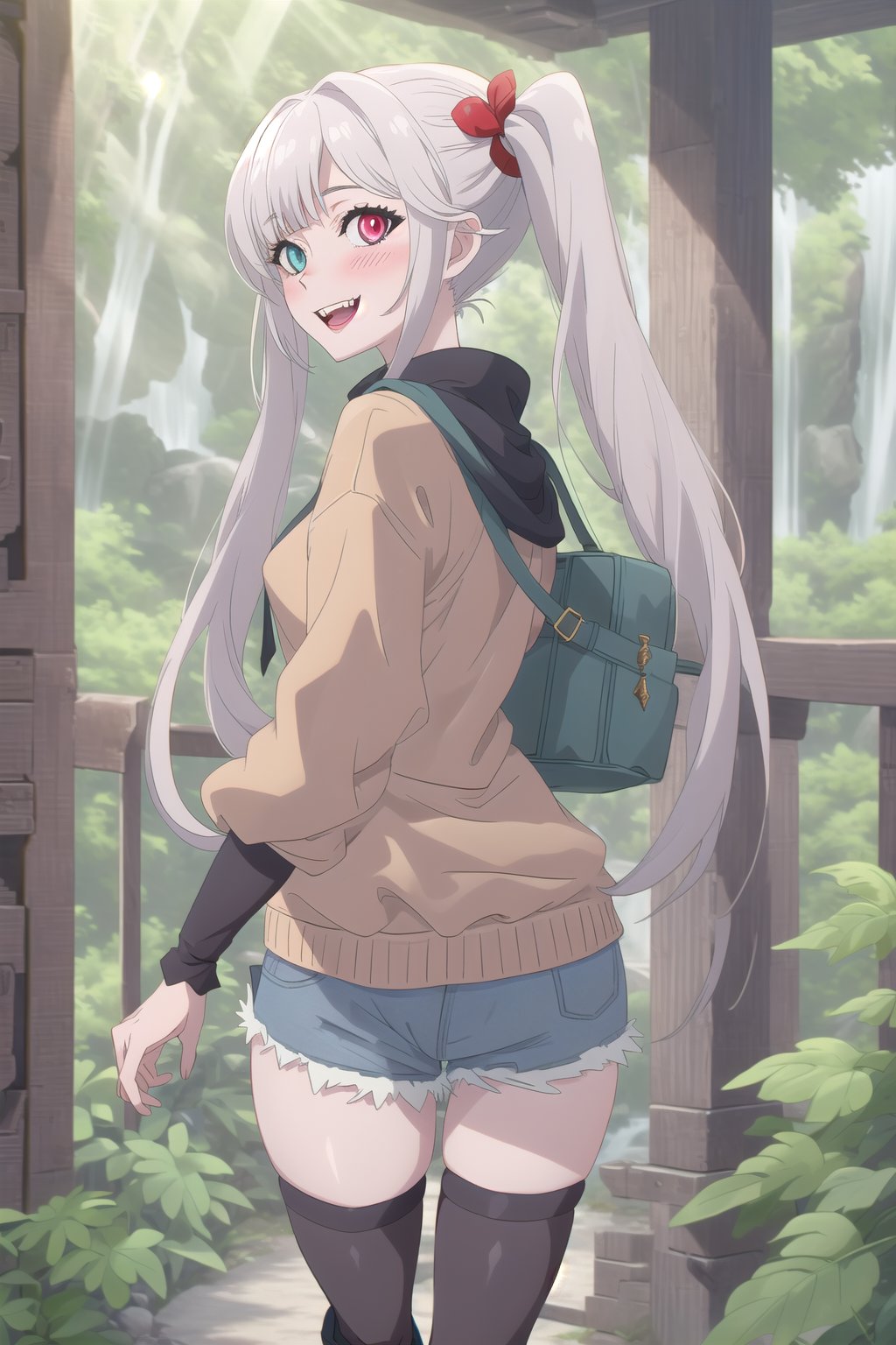 nier anime style illustration, best quality, masterpiece High resolution, good detail, bright colors, HDR, 4K. Dolby vision high.

Albino deer girl with long straight hair, long pigtails, blushing. Heterochromia (One blue eye, one red eye). 

Gray steampunk sweatshirt 

Medieval fantasy style denim shorts 

black stockings 

Gray ankle boots 

Forest with leafy trees

waterfalls 

Intense sun rays between the trees 
 
Flirty smile (yandere smile). Happy, excited.  Open mouth 

Showing fangs, exposed fangs

selfie pose

deer girl

Girl from behind