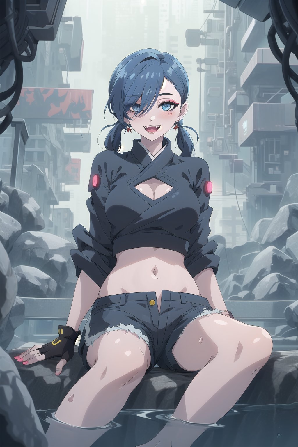 nier anime style illustration, best quality, masterpiece High resolution, good detail, bright colors, HDR, 4K. Dolby vision high. 

Girl with long straight black hair, long twin pigtails (hair covering one eye), blue eyes, blushing, blue earrings 

Stylish Cyberpunk Black Crop Top 

Showing navel, exposed navel 

Elegant cyberpunk black shorts

Barefoot

Inside an underground cave 

Blue illumination in the depth of underground water 

Sitting on a rock 

Black Stylish Fingerless Cyberpunk Gloves

Blue natural lighting

Flirty smile (yandere smile). Happy, excited. Open mouth 

Showing fangs, exposed fangs

jirai kei makeup

jirai kei makeup

Black hair