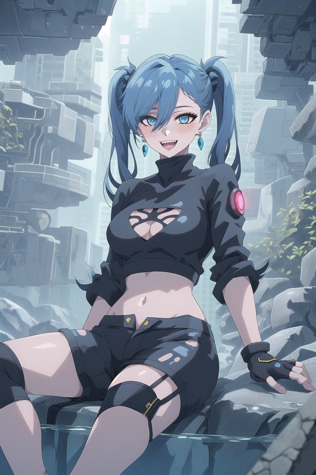 nier anime style illustration, best quality, masterpiece High resolution, good detail, bright colors, HDR, 4K. Dolby vision high. 

Girl with long straight black hair, long twin pigtails (hair covering one eye), blue eyes, blushing, blue earrings 

Stylish Cyberpunk Black Crop Top 

Showing navel, exposed navel 

Elegant cyberpunk black shorts

Barefoot

Inside an underground cave 

Blue illumination in the depth of underground water 

Sitting on a rock 

Black Stylish Fingerless Cyberpunk Gloves

Blue natural lighting

Flirty smile (yandere smile). Happy, excited. Open mouth 

Showing fangs, exposed fangs