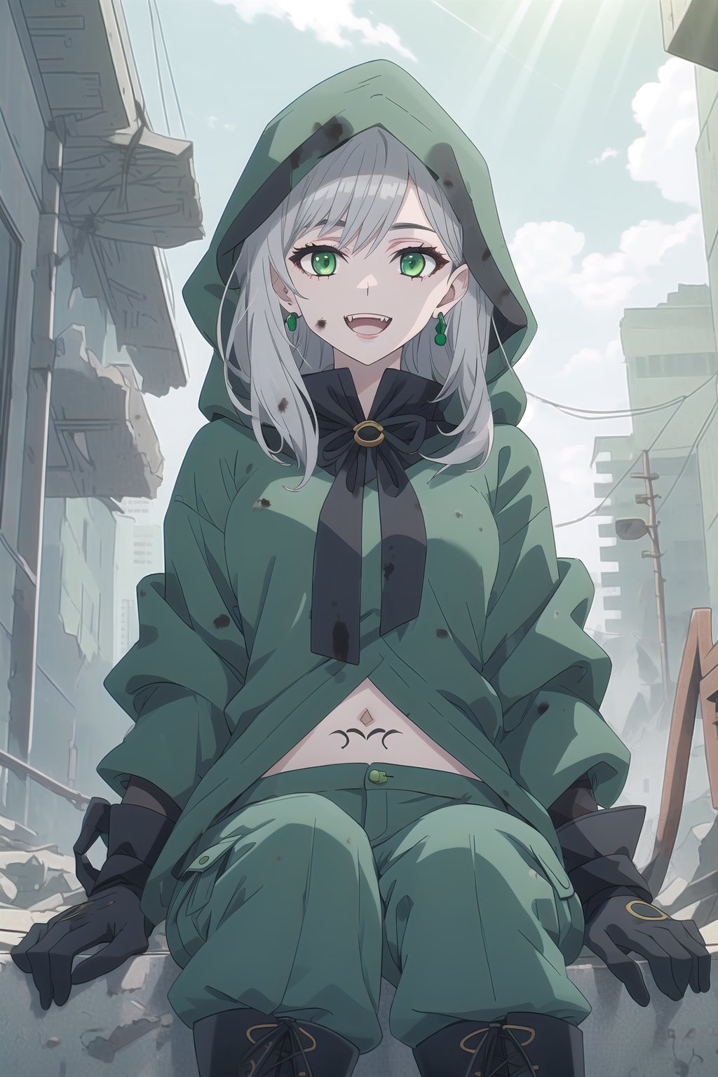 nier anime style illustration, best quality, masterpiece High resolution, good detail, bright colors, HDR, 4K. Dolby vision high.

Girl with long silver straight hair, green eyes (dirty face), green earrings, 

Black short sleeve shirt 

British style jacket (Primary color black, secondary color dark green)

Showing navel, exposed navel  

Gray military pants 

Black military boots 

Black military gloves

(Tattoos on one's own face)

City destroyed and abandoned by war 

Lonely streets in ruins 

Fog 

Intense sun rays, dawn 

clear blue sky 

Sitting in the street 

(a hand on one's own face)

Flirty smile (yandere smile). Happy, excited. Open mouth 

Showing fangs, exposed fangs 

black hood

black hood

Black and green jacket

Gray military pants

nier anime style