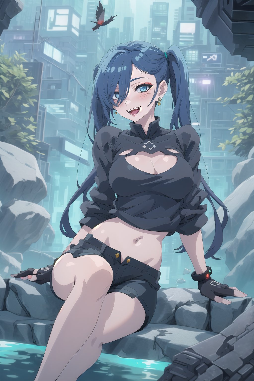nier anime style illustration, best quality, masterpiece High resolution, good detail, bright colors, HDR, 4K. Dolby vision high. 

Girl with long straight black hair, long twin pigtails (hair covering one eye), blue eyes, blushing, blue earrings 

Stylish Cyberpunk Black Crop Top 

Showing navel, exposed navel 

Elegant cyberpunk black shorts

Barefoot

Inside an underground cave 

Blue illumination in the depth of underground water 

Sitting on a rock 

Black Stylish Fingerless Cyberpunk Gloves

Blue natural lighting

Flirty smile (yandere smile). Happy, excited. Open mouth 

Showing fangs, exposed fangs

jirai kei makeup