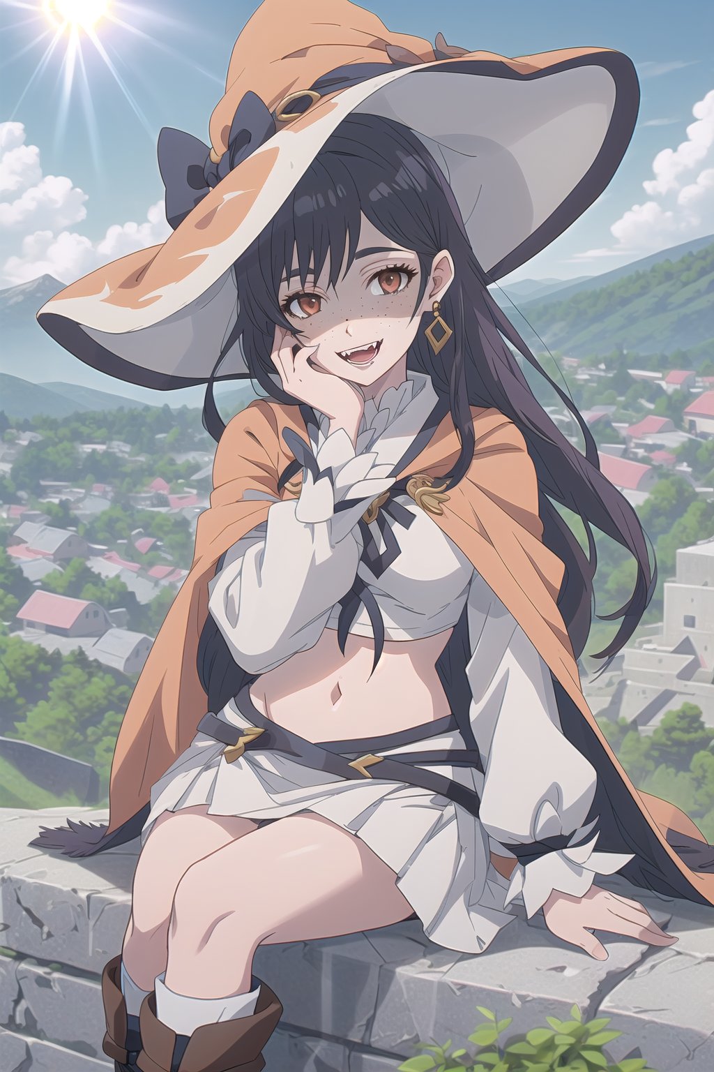 nier anime style illustration, best quality, masterpiece High resolution, good detail, bright colors, HDR, 4K. Dolby vision high.

Witch with long straight brown hair, brown eyes, freckles, white earrings

Elegant white crop top fantasy style

white cape 

medium breasts 

Showing navel, exposed navel 

Short white fantasy style skirt 

British style white boots 

clear blue sky


 Mountain overlooking a town 

Sitting 

(Hand on own face)

Intense sun rays 

Flirty smile (yandere smile). Happy, excited. Open mouth 

Fantasy world

Showing fangs, exposed fangs 
 
Selfie 

Witch hat