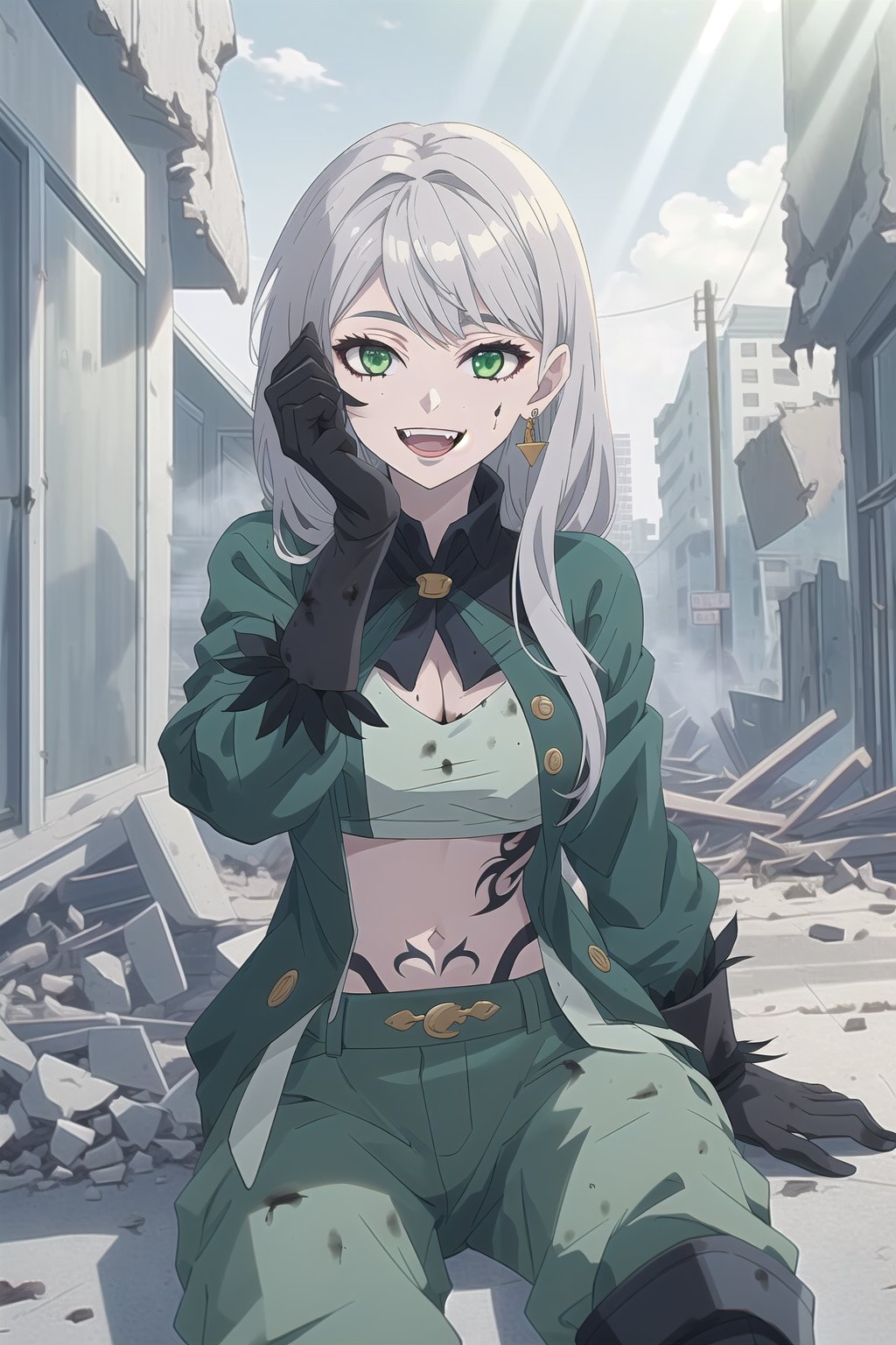nier anime style illustration, best quality, masterpiece High resolution, good detail, bright colors, HDR, 4K. Dolby vision high.

Girl with long silver straight hair, green eyes (dirty face), green earrings, 

Black short sleeve shirt 

British style jacket (Primary color black, secondary color dark green)

Showing navel, exposed navel  

Gray military pants 

Black military boots 

Black military gloves

(Tattoos on one's own face)

City destroyed and abandoned by war 

Lonely streets in ruins 

Fog 

Intense sun rays, dawn 

clear blue sky 

Sitting in the street 

(a hand on one's own face)

Flirty smile (yandere smile). Happy, excited. Open mouth 

Showing fangs, exposed fangs 

Selfie