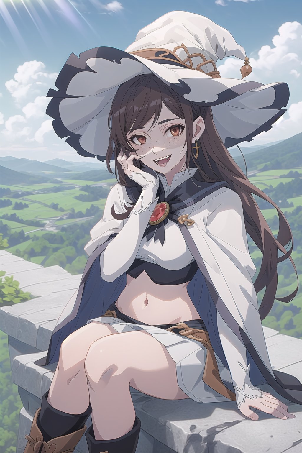 nier anime style illustration, best quality, masterpiece High resolution, good detail, bright colors, HDR, 4K. Dolby vision high.

Witch with long straight brown hair, brown eyes, freckles, white earrings

Elegant white crop top fantasy style

white cape 

medium breasts 

Showing navel, exposed navel 

Short white fantasy style skirt 

British style white boots 

clear blue sky


 Mountain overlooking a town 

Sitting 

(Hand on own face)

Intense sun rays 

Flirty smile (yandere smile). Happy, excited. Open mouth 

Fantasy world

Showing fangs, exposed fangs 
 
Selfie 

Witch hat