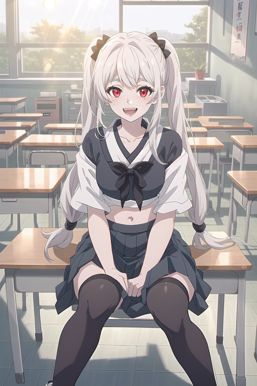 nier anime style illustration, best quality, masterpiece High resolution, good detail, bright colors, HDR, 4K. Dolby vision high.

Albino girl with long straight hair, long twin pigtails, freckles, blushing, red eyes 
 

Crop top (black color mixed with white color) Japanese schoolboy style 

Showing navel, exposed navel

White Japanese school skirt

black stockings 

(black and white tennis shoes)

Inside a Japanese school 

Inside a classroom

Sitting

selfie pose  

Sunrise

Sun rays coming through the window 

Showing fangs, exposed fangs


Flirtatious smile (yandere smile). Happy, excited. Open mouth


Students sitting at desks,nier anime style