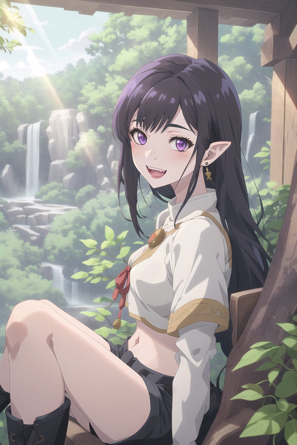 nier anime style illustration, best quality, masterpiece High resolution, good detail, bright colors, HDR, 4K. Dolby vision high. 

Archer elf girl with long straight black hair (hair on shoulders), purple eyes, freckles, blushing, purple earrings

Dark brown medieval fantasy style crop top

Showing navel, exposed navel 

Medieval fantasy dark brown shorts 

Elegant black medieval fantasy style boots 

apple tree forest 

Sunrise 

Intense sun rays between the trees

waterfalls in the distance

Flirty smile (Yandere smile). Happy, excited. Open mouth

Showing fangs, exposed fangs

Selfie,nier anime style

Sitting,nier anime style

Black hair ,nier anime style