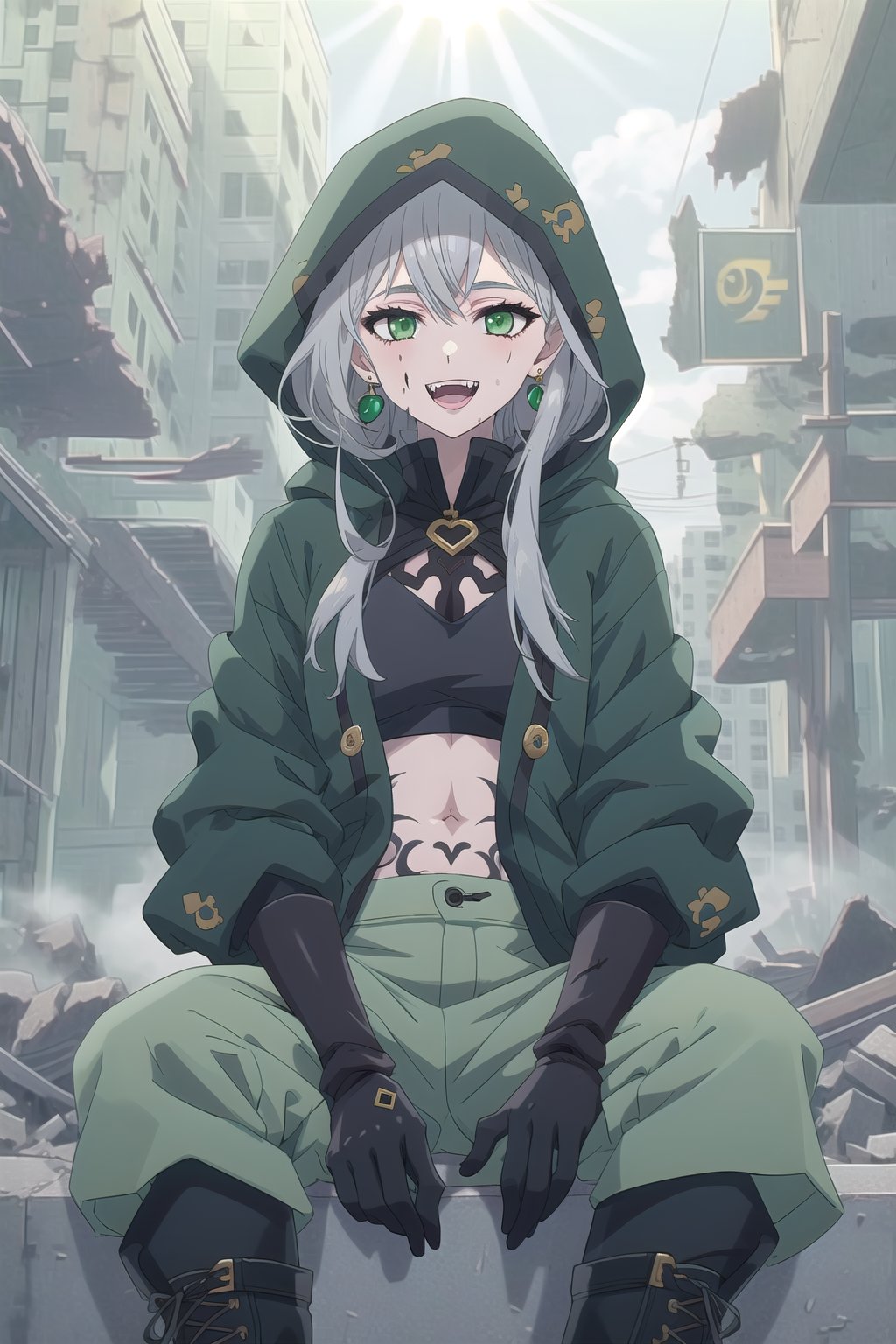 nier anime style illustration, best quality, masterpiece High resolution, good detail, bright colors, HDR, 4K. Dolby vision high.

Girl with long silver straight hair, green eyes (dirty face), green earrings, 

Black short sleeve shirt 

British style jacket (Primary color black, secondary color dark green)

Showing navel, exposed navel  

Gray military pants 

Black military boots 

Black military gloves

(Tattoos on one's own face)

City destroyed and abandoned by war 

Lonely streets in ruins 

Fog 

Intense sun rays, dawn 

clear blue sky 

Sitting in the street 



Flirty smile (yandere smile). Happy, excited. Open mouth 

Showing fangs, exposed fangs 

black hood

black hood

Black and green jacket

Gray military pants

nier anime style

Selfie pose