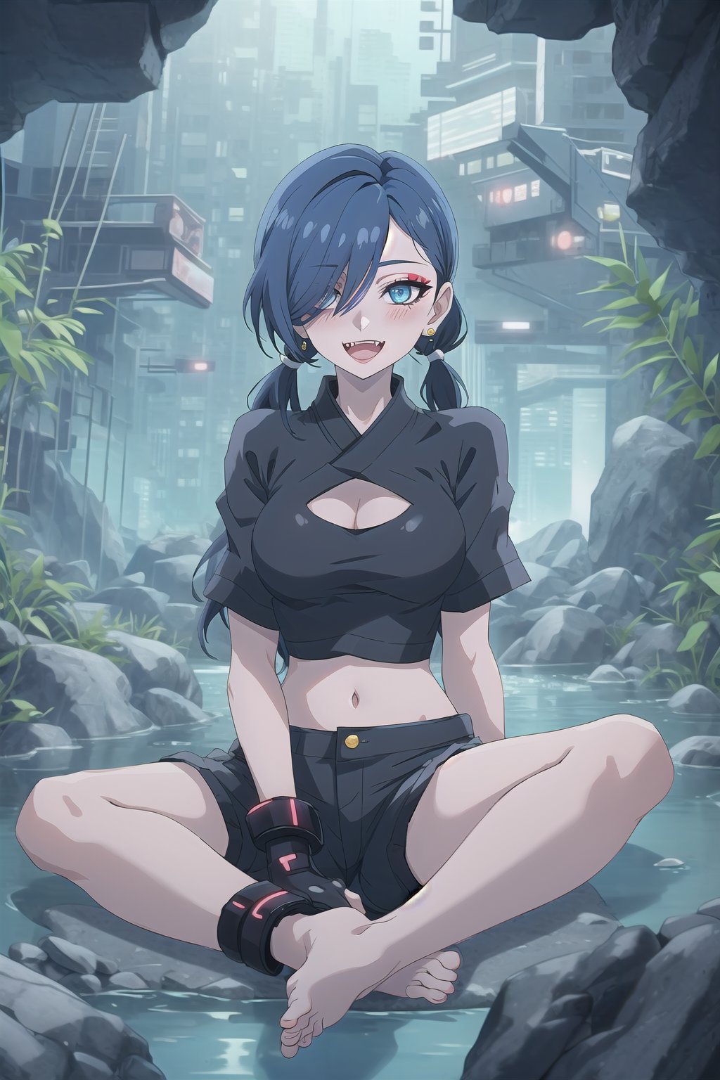 nier anime style illustration, best quality, masterpiece High resolution, good detail, bright colors, HDR, 4K. Dolby vision high. 

Girl with long straight black hair, long twin pigtails (hair covering one eye), blue eyes, blushing, blue earrings 

Stylish Cyberpunk Black Crop Top 

Showing navel, exposed navel 

Elegant cyberpunk black shorts

Barefoot

Inside an underground cave 

Blue illumination in the depth of underground water 

Sitting on a rock 

Black Stylish Fingerless Cyberpunk Gloves

Blue natural lighting

Flirty smile (yandere smile). Happy, excited. Open mouth 

Showing fangs, exposed fangs

jirai kei makeup

jirai kei makeup

Black hair

Inside an underground cave

Showing fangs, exposed fangs
