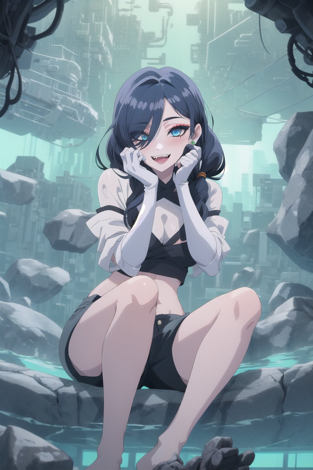 nier anime style illustration, best quality, masterpiece High resolution, good detail, bright colors, HDR, 4K. Dolby vision high. 

Girl with long straight black hair, long twin pigtails (hair covering one eye), blue eyes, blushing, blue earrings 

Stylish Cyberpunk Black Crop Top 

Showing navel, exposed navel 

Elegant cyberpunk black shorts

Barefoot

Inside an underground cave 

Blue illumination in the depth of underground water 

Sitting on a rock 

Black Stylish Fingerless Cyberpunk Gloves

Blue natural lighting

Flirty smile (yandere smile). Happy, excited. Open mouth 

Showing fangs, exposed fangs

jirai kei makeup

jirai kei makeup

Black hair

Inside an underground cave

Showing fangs, exposed fangs


(A hand on one's own face)
