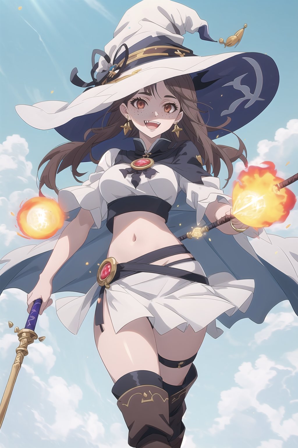 nier anime style illustration, best quality, masterpiece High resolution, good detail, bright colors, HDR, 4K. Dolby vision high.

Witch with long straight brown hair, brown eyes, freckles, white earrings

Elegant white crop top fantasy style

white cape 

medium breasts 

Showing navel, exposed navel 

Short white fantasy style skirt 

British style white boots 

clear blue sky

white magic staff 

 magic explosion 

Flirty smile (yandere smile). Happy, excited. Open mouth 

Fantasy world

Showing fangs, exposed fangs

Bright magic mega explosion 

Witch hat