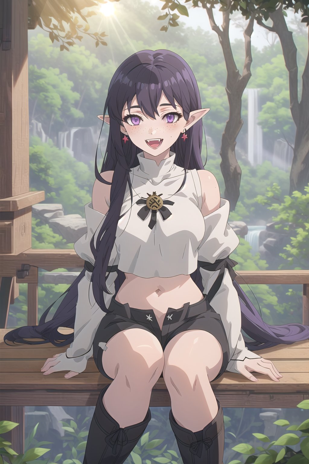 nier anime style illustration, best quality, masterpiece High resolution, good detail, bright colors, HDR, 4K. Dolby vision high. 

Archer elf girl with long straight black hair (hair on shoulders), purple eyes, freckles, blushing, purple earrings

Dark brown medieval fantasy style crop top

Showing navel, exposed navel 

Medieval fantasy dark brown shorts 

Elegant black medieval fantasy style boots 

apple tree forest 

Sunrise 

Intense sun rays between the trees

waterfalls in the distance

Flirty smile (Yandere smile). Happy, excited. Open mouth

Showing fangs, exposed fangs

Selfie,nier anime style

Sitting,nier anime style

Black hair 