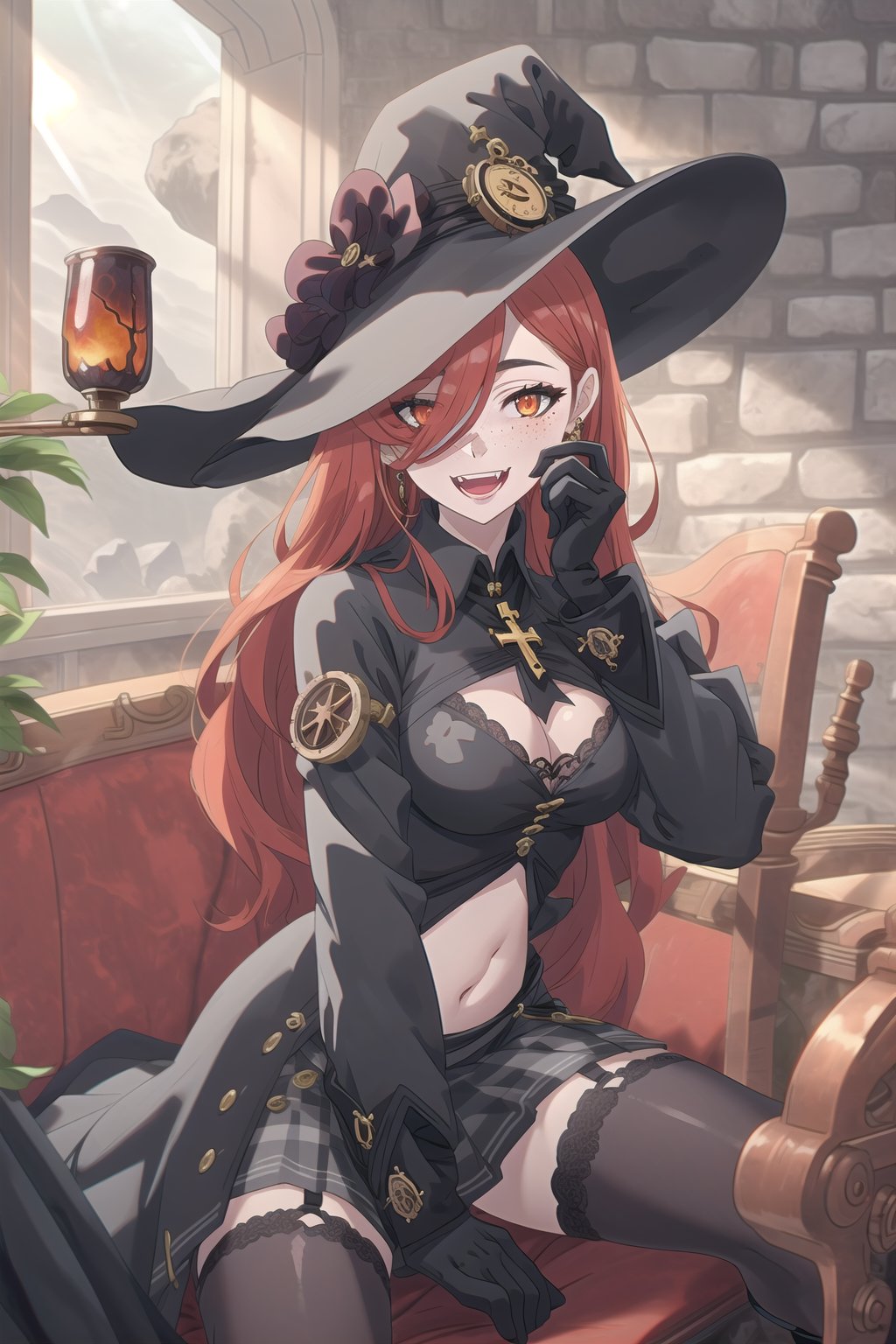nier anime style illustration, best quality, masterpiece High resolution, good detail, bright colors, HDR, 4K. Dolby vision high.

Redhead witch with long straight hair, freckles, blushing, orange eyes (a black cross patch covering the eye), red earrings

Black steampunk fantasua crop top

Showing navel, exposed navel 

medium breasts

Showing breasts, exposed breasts 

black cape 

Vintage steampunk fantasy black checkered skirt

black stockings

Elegant British style steampunk black boots

A volcanic rock castle with lava on the walls, volcanic floor 

Red sun rays coming through the window 

She is sitting on a royal throne of smooth black stone.

lava falling down the walls 

Flirty smile (yandere smile). Happy, excited. Open mouth 

Showing fangs, exposed fangs

selfie 

(A hand on one's own face)

Steampunk elegant black gloves

Black witch hat