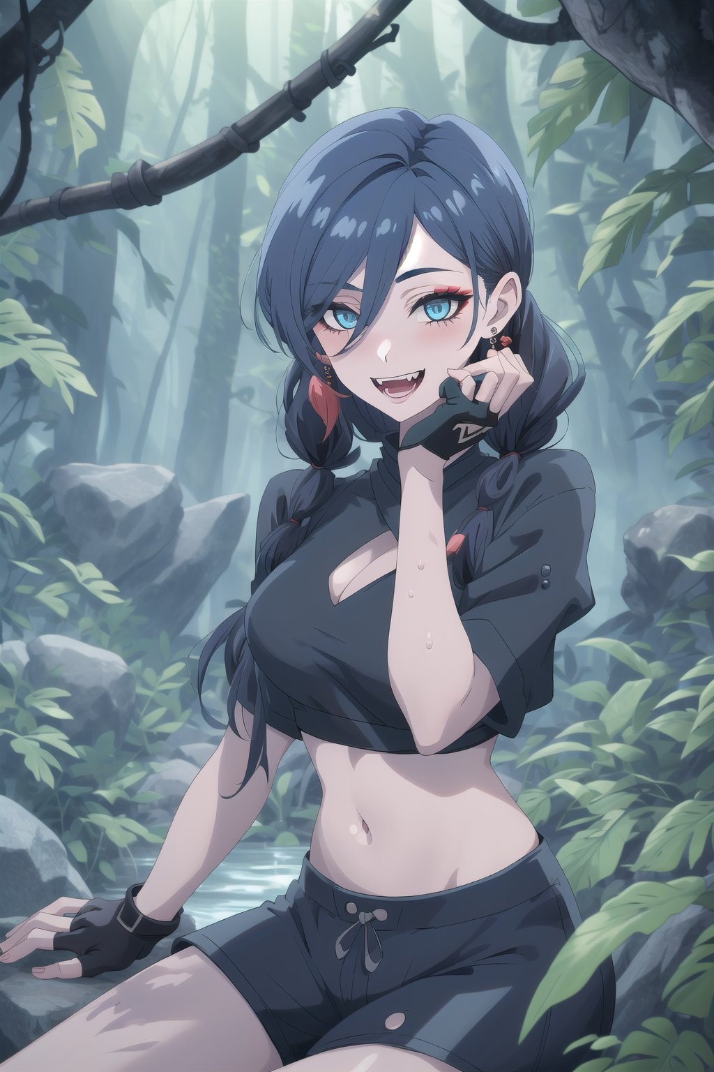 nier anime style illustration, best quality, masterpiece High resolution, good detail, bright colors, HDR, 4K. Dolby vision high. 

Girl with long straight black hair, long twin pigtails (hair covering one eye), blue eyes, blushing, blue earrings 

Stylish Cyberpunk Black Crop Top 

Showing navel, exposed navel 

Elegant cyberpunk black shorts

Barefoot

Inside an underground cave 

Blue illumination in the depth of underground water 

Sitting on a rock 

Black Stylish Fingerless Cyberpunk Gloves

Blue natural lighting

Flirty smile (yandere smile). Happy, excited. Open mouth 

Showing fangs, exposed fangs

jirai kei makeup

jirai kei makeup

Black hair

Inside an underground cave

Showing fangs, exposed fangs

In a lush forest

(A hand on one's own face)
