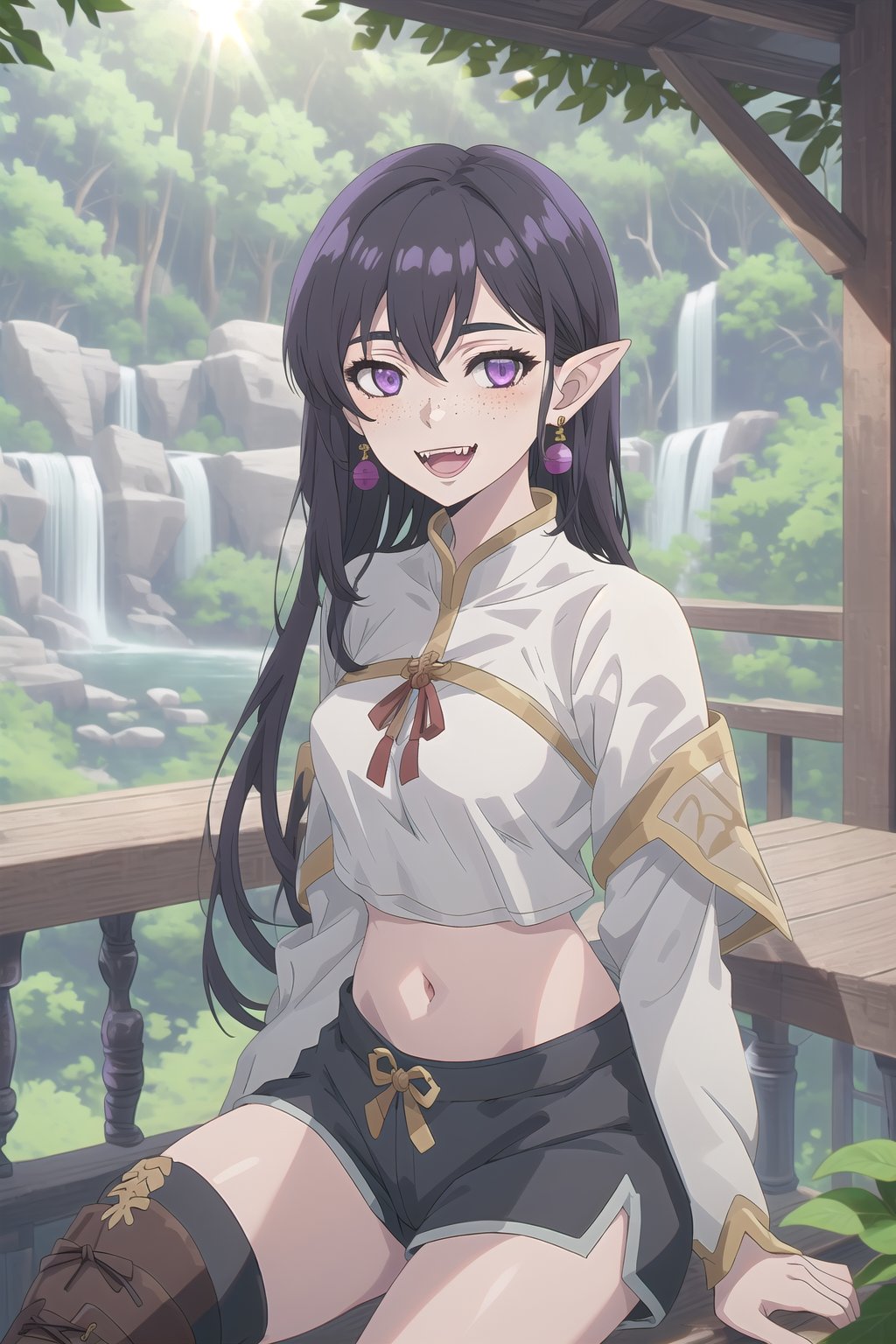 nier anime style illustration, best quality, masterpiece High resolution, good detail, bright colors, HDR, 4K. Dolby vision high. 

Archer elf girl with long straight black hair (hair on shoulders), purple eyes, freckles, blushing, purple earrings

Dark brown medieval fantasy style crop top

Showing navel, exposed navel 

Medieval fantasy dark brown shorts 

Elegant black medieval fantasy style boots 

apple tree forest 

Sunrise 

Intense sun rays between the trees

waterfalls in the distance

Flirty smile (Yandere smile). Happy, excited. Open mouth

Showing fangs, exposed fangs

Selfie,nier anime style

Sitting,nier anime style

Black hair 