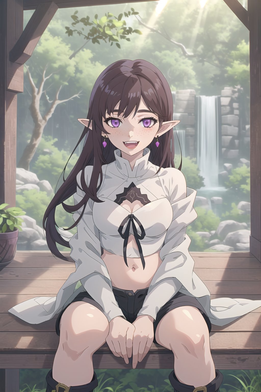 nier anime style illustration, best quality, masterpiece High resolution, good detail, bright colors, HDR, 4K. Dolby vision high. 

Archer elf girl with long straight black hair (hair on shoulders), purple eyes, freckles, blushing, purple earrings

Dark brown medieval fantasy style crop top

Showing navel, exposed navel 

Medieval fantasy dark brown shorts 

Elegant black medieval fantasy style boots 

apple tree forest 

Sunrise 

Intense sun rays between the trees

waterfalls in the distance

Flirty smile (Yandere smile). Happy, excited. Open mouth

Showing fangs, exposed fangs

Selfie,nier anime style

Sitting,nier anime style