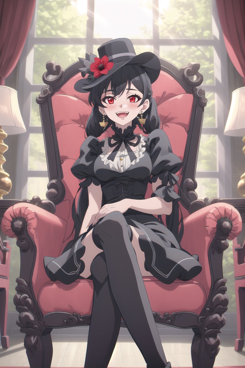 nier anime style illustration, best quality, masterpiece High resolution, good detail, bright colors, HDR, 4K. Dolby vision high.

Girl with long straight black hair, long twin pigtails. Red eyes, blushing, black earrings 

Black Victorian Style Black Dress 

black stockings 

Elegant black boots

Victorian hat with a red flower 

Inside a stylish steampunk room of canvas paintings 

Abecer 

Sun rays coming through the window 

Sitting 

red armchair 

Flirty smile (yandere smile). Happy, excited. Open mouth

,nier anime style

Showing fangs, exposed fangs