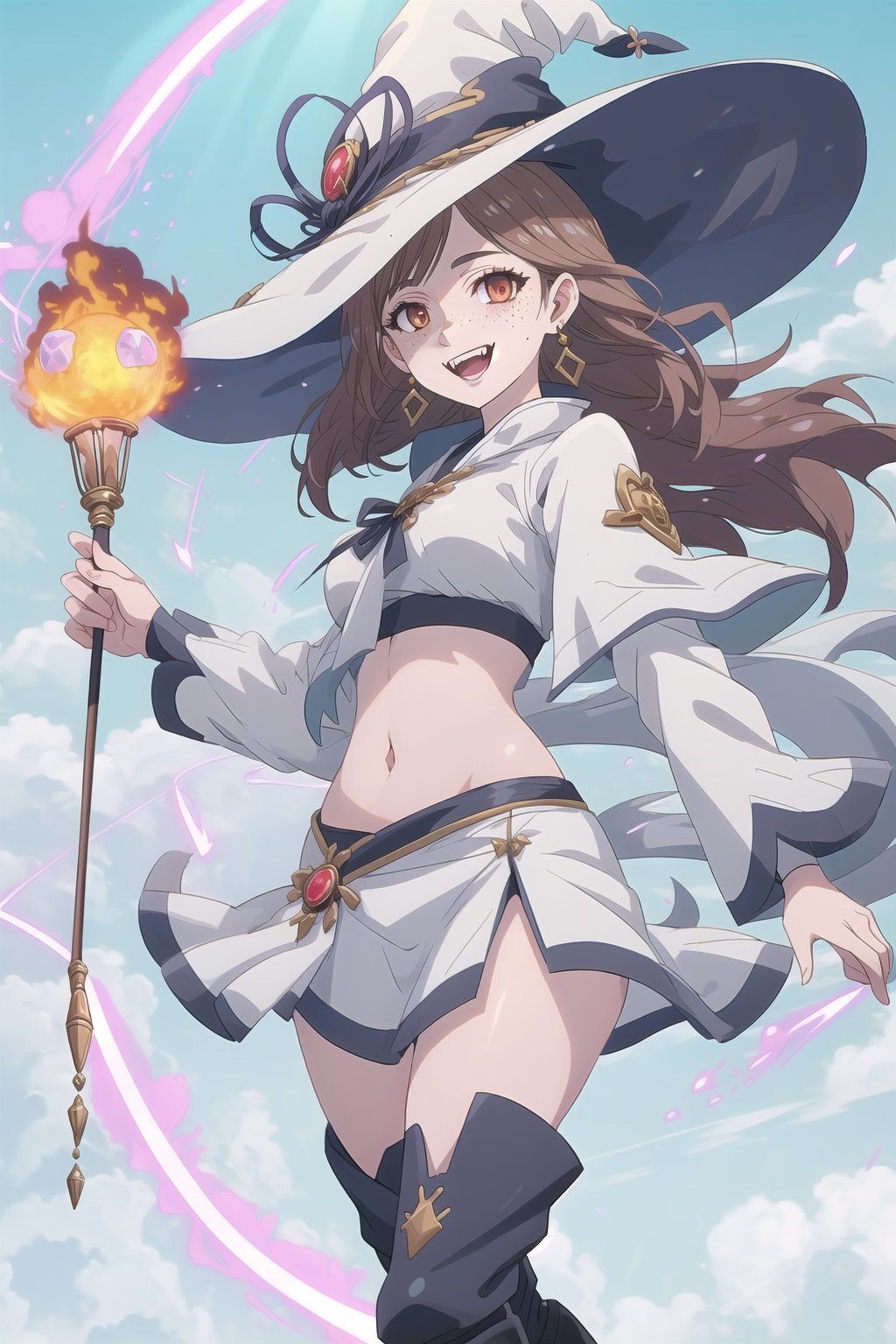 nier anime style illustration, best quality, masterpiece High resolution, good detail, bright colors, HDR, 4K. Dolby vision high.

Witch with long straight brown hair, brown eyes, freckles, white earrings

Elegant white crop top fantasy style

white cape 

medium breasts 

Showing navel, exposed navel 

Short white fantasy style skirt 

British style white boots 

clear blue sky

white magic staff 

 magic explosion 

Flirty smile (yandere smile). Happy, excited. Open mouth 

Fantasy world

Showing fangs, exposed fangs

Bright magic mega explosion 

Witch hat
