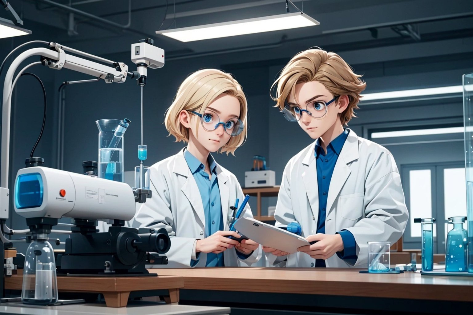A drawing in western animation style with flat colors and hard lines. A young scientist with short wavy blond hair and blue eyes is wearing a blue shirt and a lab coat and goggles. The scientist sitting on the left of the image with a lab bench in the foreground, and there is lots of science equipment on the bench.