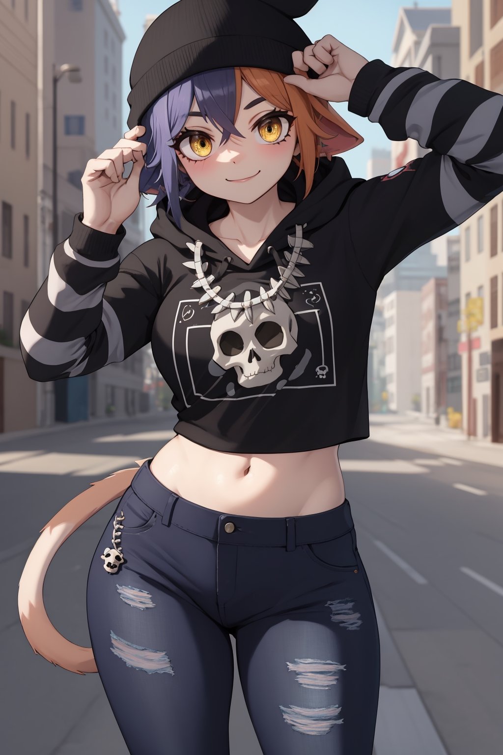 masterpiece, best quality, facial portrait of a female anthro meow skull, detailed face, detailed eyes,  cropped pupils, happy, detailed , [smile, [spiked necklace], standing, standing, looking at the viewer, outside, neighborhood in the background, coquettish expression, somewhat large thighs,posing, Winking eye,beanie,amber/yellow eyes,black eyeshadow,cat ears,fish hook piercing,black hoodie,striped sleeves,necklace,bandolier,black jeans, torn jeans,wallet chain,cat tail,meowskulls
