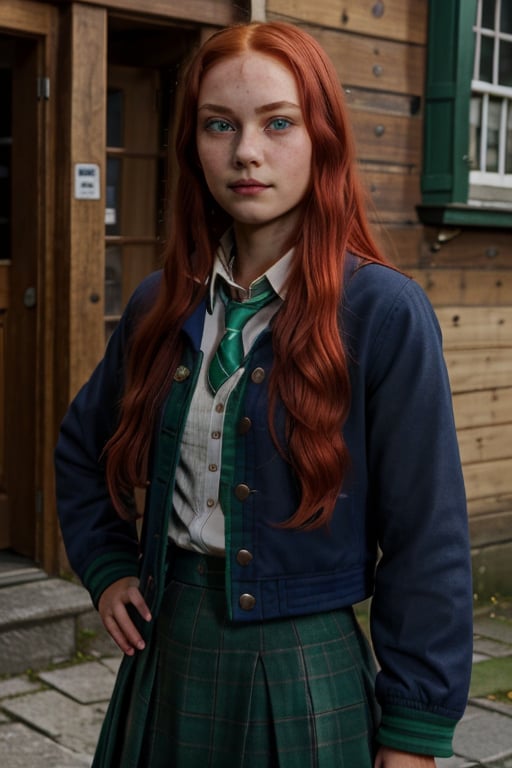 1girl, (girl:1.3), 16 years old, (long red hair:1.2) , (Blue eyes:1.2), solo focus, portrait, simple village background, standing, 
(slytherin), hogbrezwer, jacket, skirt, masterpiece, best quality, extremely detailed, highly detailed face, beautiful detailed eyes