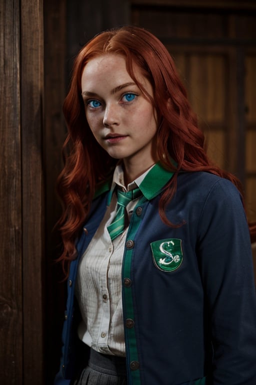 1girl, (girl:1.3), 16 years old, (long red hair:1.2) , (Blue eyes:1.2), solo focus, portrait, simple village background, standing, 
(slytherin), hogbrezwer, jacket, skirt, masterpiece, best quality, extremely detailed, highly detailed face, beautiful detailed eyes