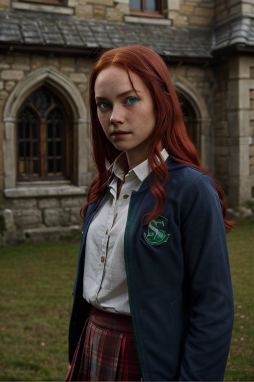 1girl, (girl:1.3), 16 years old, (long red hair:1.2) , (Blue eyes:1.2), solo focus, portrait, simple castle background, standing, 
(slytherin), hogbrezwer, jacket, skirt, masterpiece, best quality, extremely detailed, highly detailed face, beautiful detailed eyes