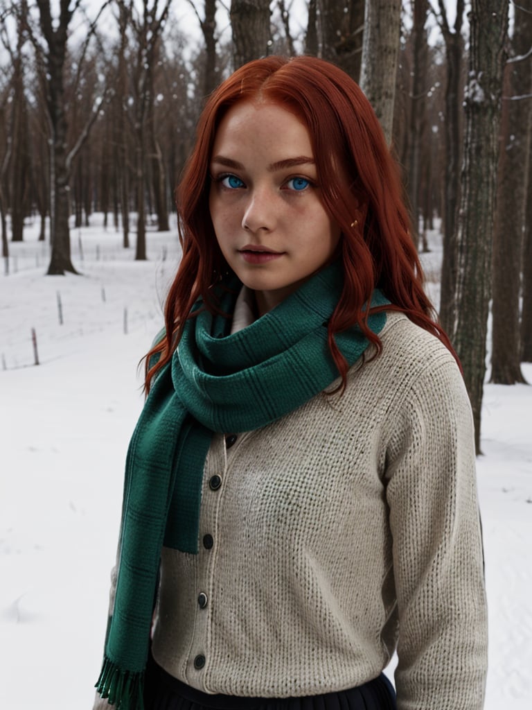 1girl, (girl:1.3), 16 years old, (long red hair:1.2) , (Blue eyes:1.2), solo focus, portrait, simple snowy background, standing, (slytherin), hogrobe, black robe, skirt, hogscarf (green scarf ), masterpiece, best quality, extremely detailed, highly detailed face, beautiful detailed eyes