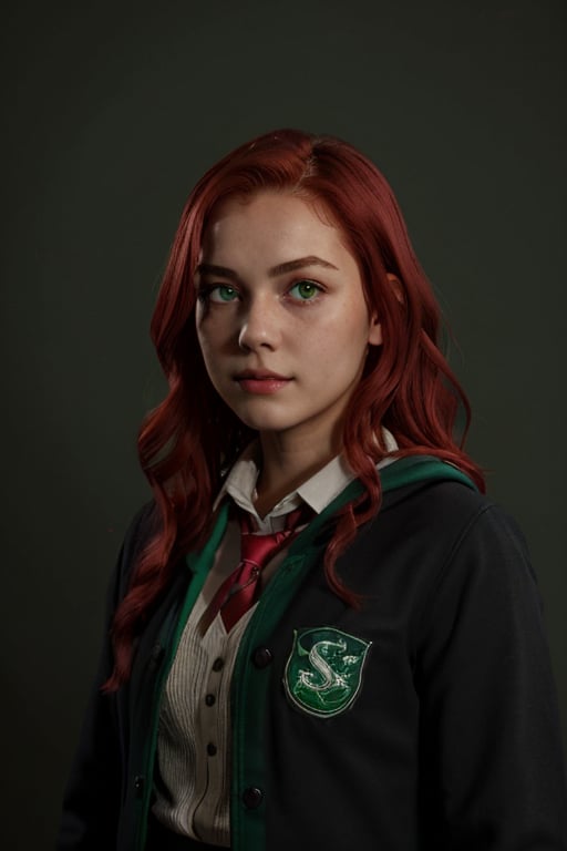 1girl, (girl:1.3), 16 years old, (red hair:1.2) , (Green eyes:1.2), solo focus, portrait, simple background, standing, 
(slytherin), hogbrezwer, jacket, black robe, skirt, masterpiece, best quality, extremely detailed, highly detailed face, beautiful detailed eyes