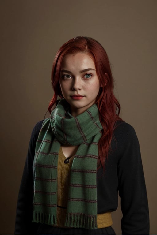 1girl, (girl:1.3), 16 years old, (red hair:1.2) , (Green eyes:1.2)solo focus, portrait, simple background, standing, 
(Hufflepuff), hogrobe, black robe, hogscarf, hogsweater, skirt, masterpiece, best quality, extremely detailed, highly detailed face, beautiful detailed eyes