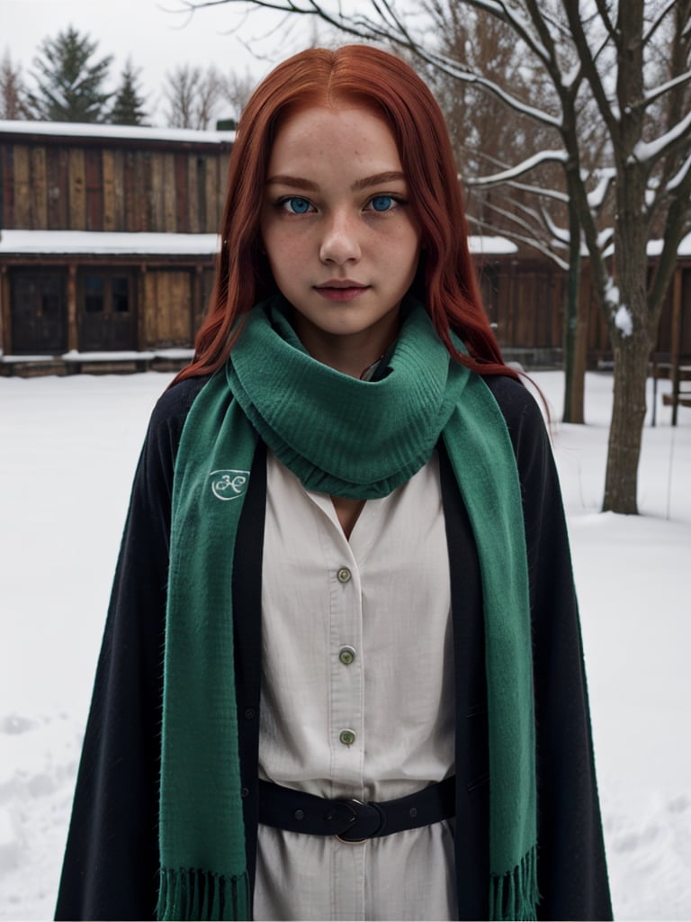 1girl, (girl:1.3), 16 years old, (long red hair:1.2) , (Blue eyes:1.2), solo focus, portrait, simple snowy background, standing, (slytherin), hogrobe (black robe), black robe, hogscarf (green scarf ), masterpiece, best quality, extremely detailed, highly detailed face, beautiful detailed eyes