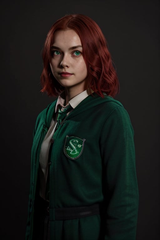 1girl, (girl:1.3), 16 years old, (red hair:1.2) , (Green eyes:1.2), solo focus, portrait, simple background, standing, 
(slytherin), hogrobe, black robe, skirt, masterpiece, best quality, extremely detailed, highly detailed face, beautiful detailed eyes, evil smirk