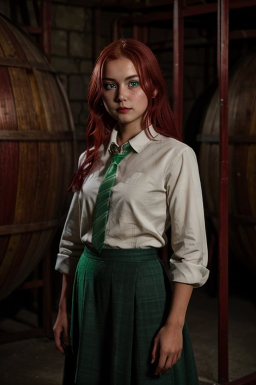 1girl, (girl:1.3), 16 years old, (red hair:1.2) , (Green eyes:1.2), solo focus, portrait, simple background, standing, 
(slytherin), hogbrezwer, black robe, skirt, masterpiece, best quality, extremely detailed, highly detailed face, beautiful detailed eyes