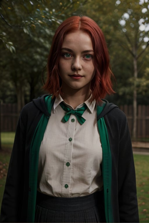 1girl, (girl:1.3), 16 years old, (red hair:1.2) , (Green eyes:1.2), solo focus, portrait, simple background, standing, 
(slytherin), hogrobe, black robe, skirt, masterpiece, best quality, extremely detailed, highly detailed face, beautiful detailed eyes, smirking