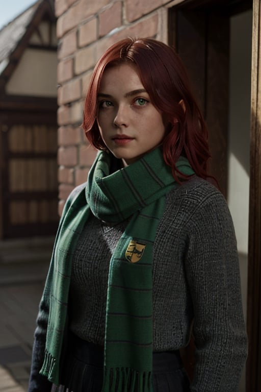 1girl, (girl:1.3), 16 years old, (red hair:1.2) , (Green eyes:1.2)solo focus, portrait, simple background, standing, 
(Hufflepuff), hogrobe, black robe, hogscarf, hogsweater, skirt,
(masterpiece, best quality, extremely detailed, highly detailed face, beautiful detailed eyes)