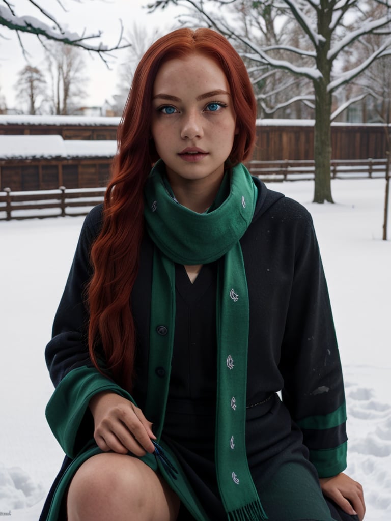 1girl, (girl:1.3), 16 years old, (long red hair:1.2) , (Blue eyes:1.2), solo focus, portrait, simple snowy background, seated, (slytherin), hogrobe (black robe), black robe, skirt, hogscarf (green scarf ), masterpiece, best quality, extremely detailed, highly detailed face, beautiful detailed eyes, holding magic wand